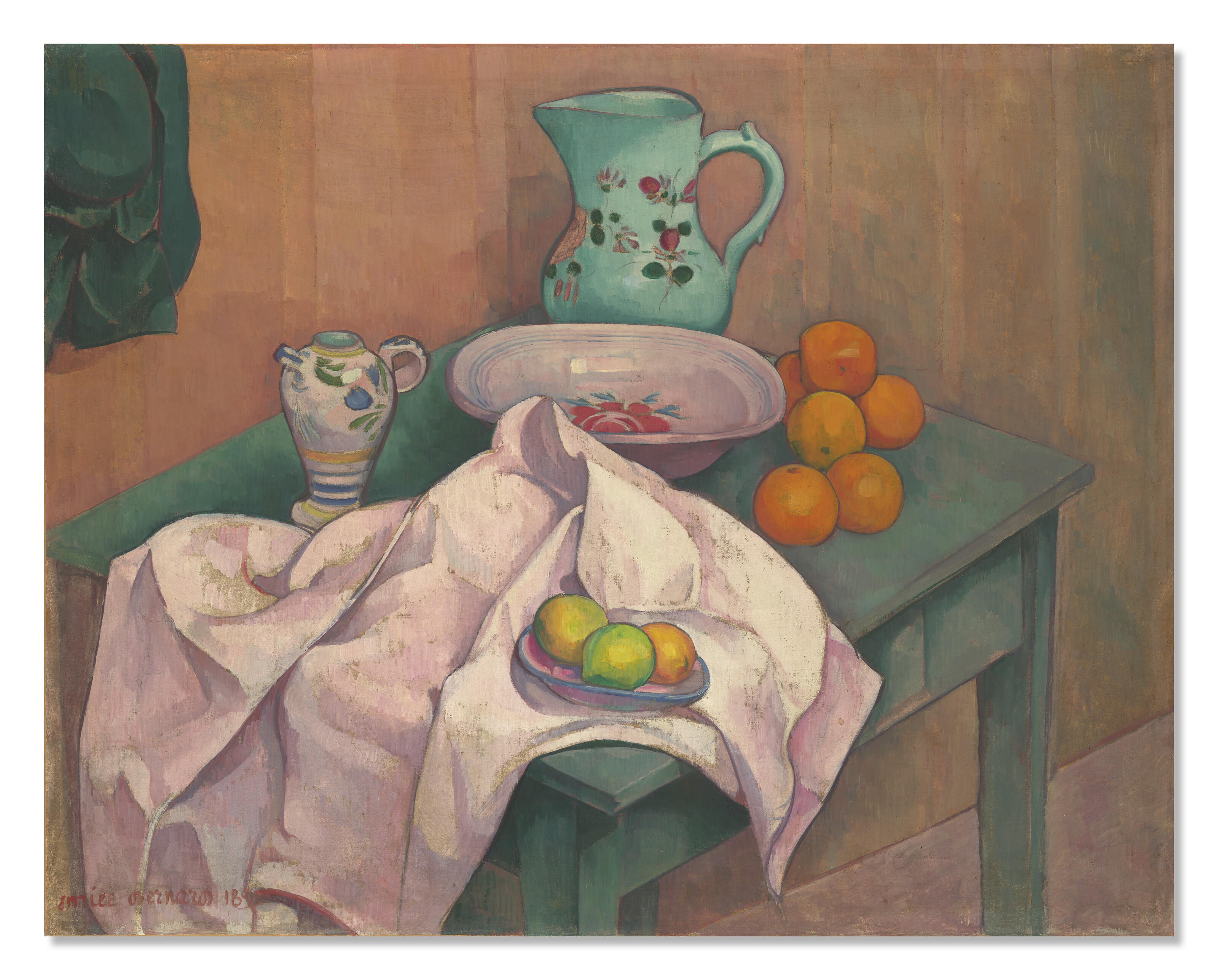 Émile Bernard — Nature morte (пиче, ассорти, фрукты на салфетках), изображение 1