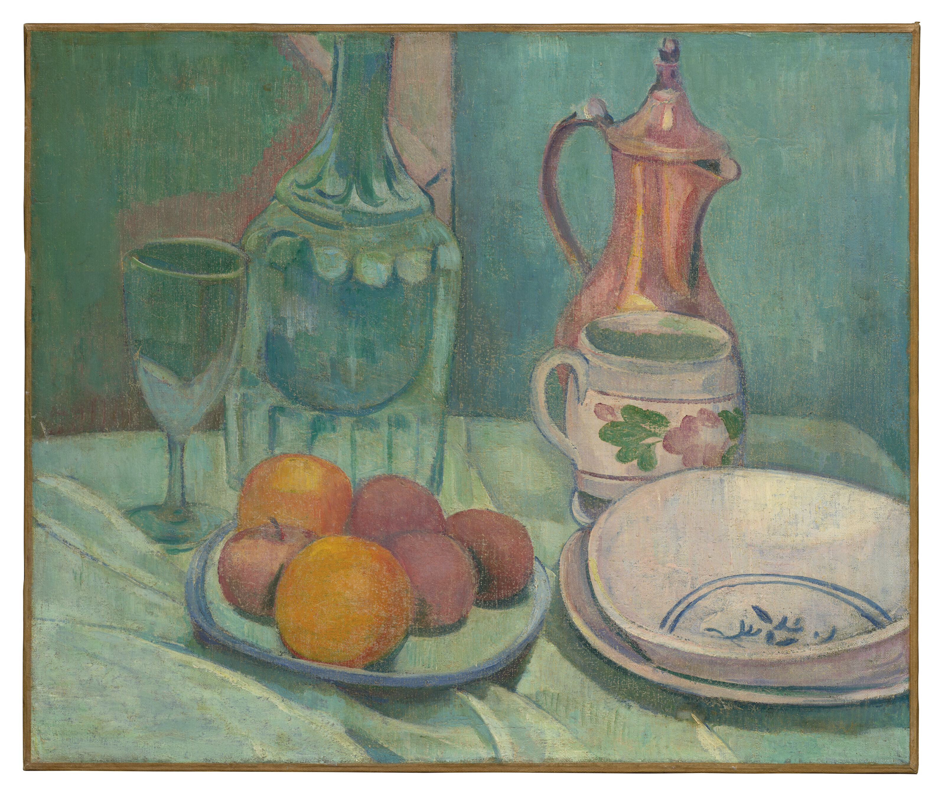 Émile Bernard — Nature morte (графин, овощи, фрукты, ассорти, блюда и кафе), изображение 2