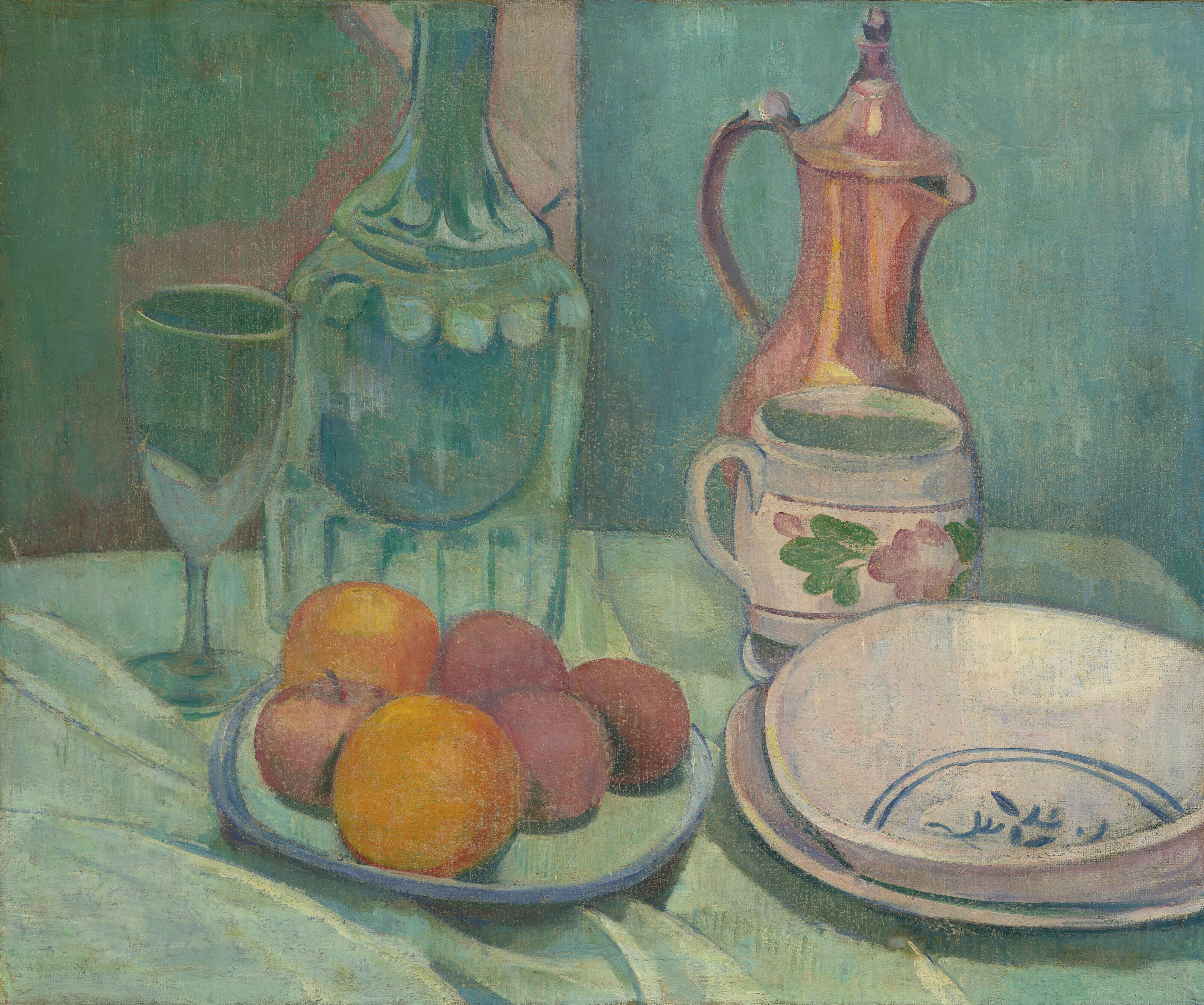 Émile Bernard — Nature morte (графин, овощи, фрукты, ассорти, блюда и кафе)