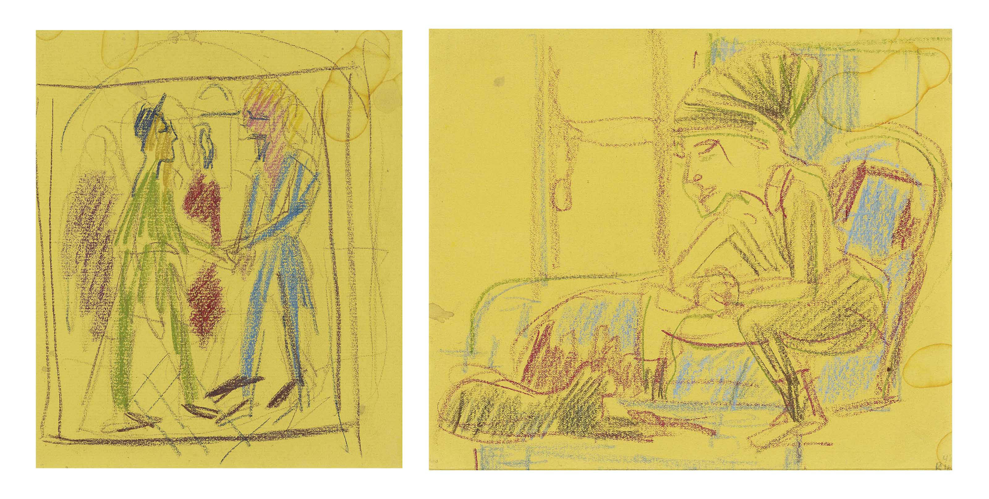 Ernst Ludwig Kirchner — подпись: Гуттен бегрюссст Зиккинген, 1923 год, оборотная сторона: "Диван для сидения", Кнабе мит Катце, 1924 год.