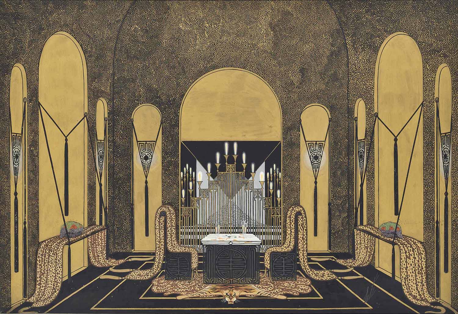 Erté — Изысканный черно-золотой интерьер с тигровым ковром