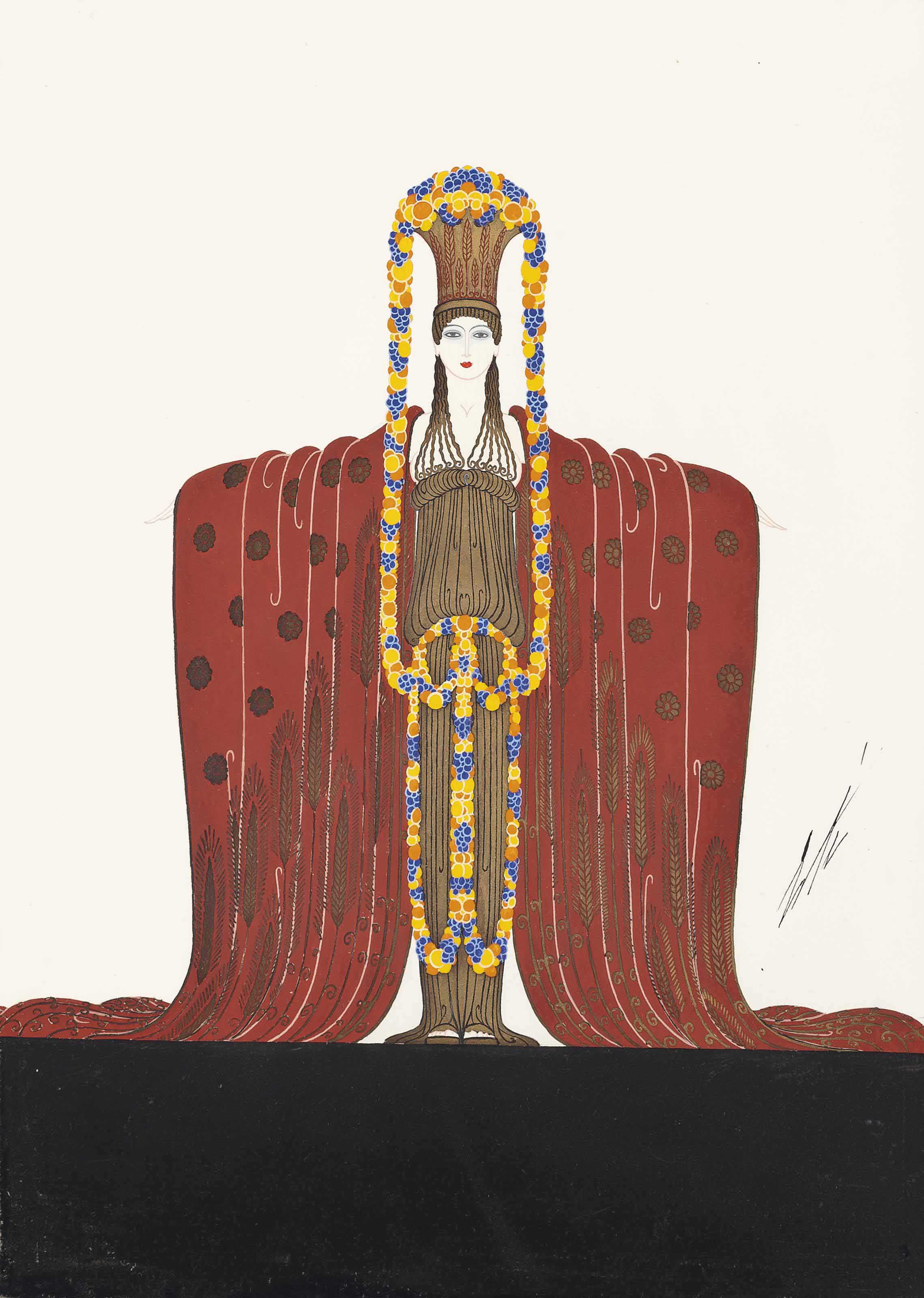 Erté — Дизайн костюма для Деметры из "Идолов" в Фоли-Берг, 1924; Дизайн для "Сокровищ Индокитая" в Марсельском Алькасаре, 1923; и эскиз кулона для "Жемчужной бижутерии" в Фоли-Бержер, 1923.