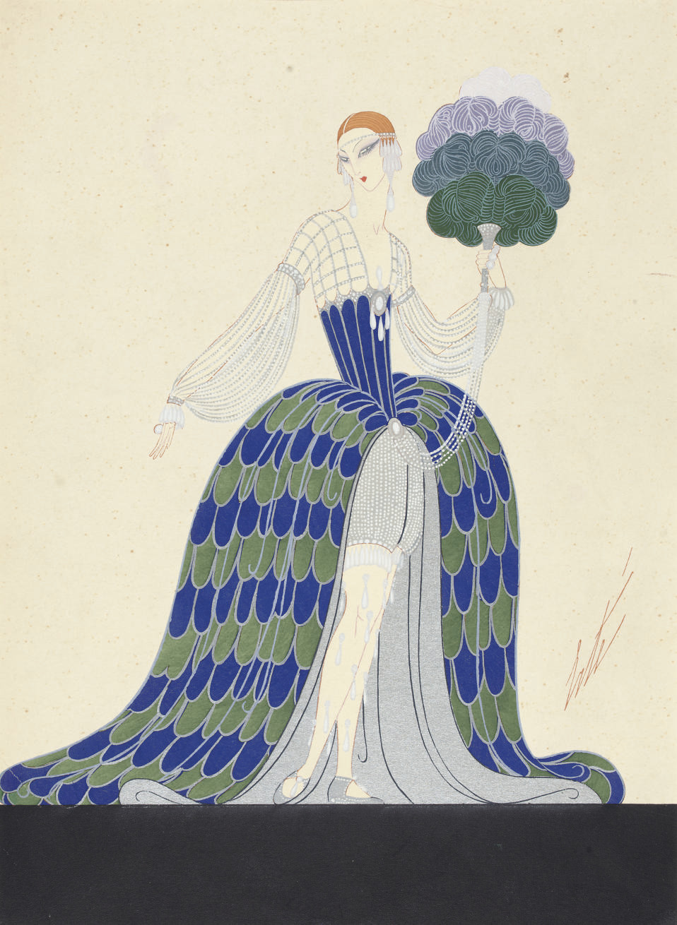 Erté — Элегантная дама в голубом с серебром платье (слева направо); набросок женщины, вяжущей спицами (справа налево)