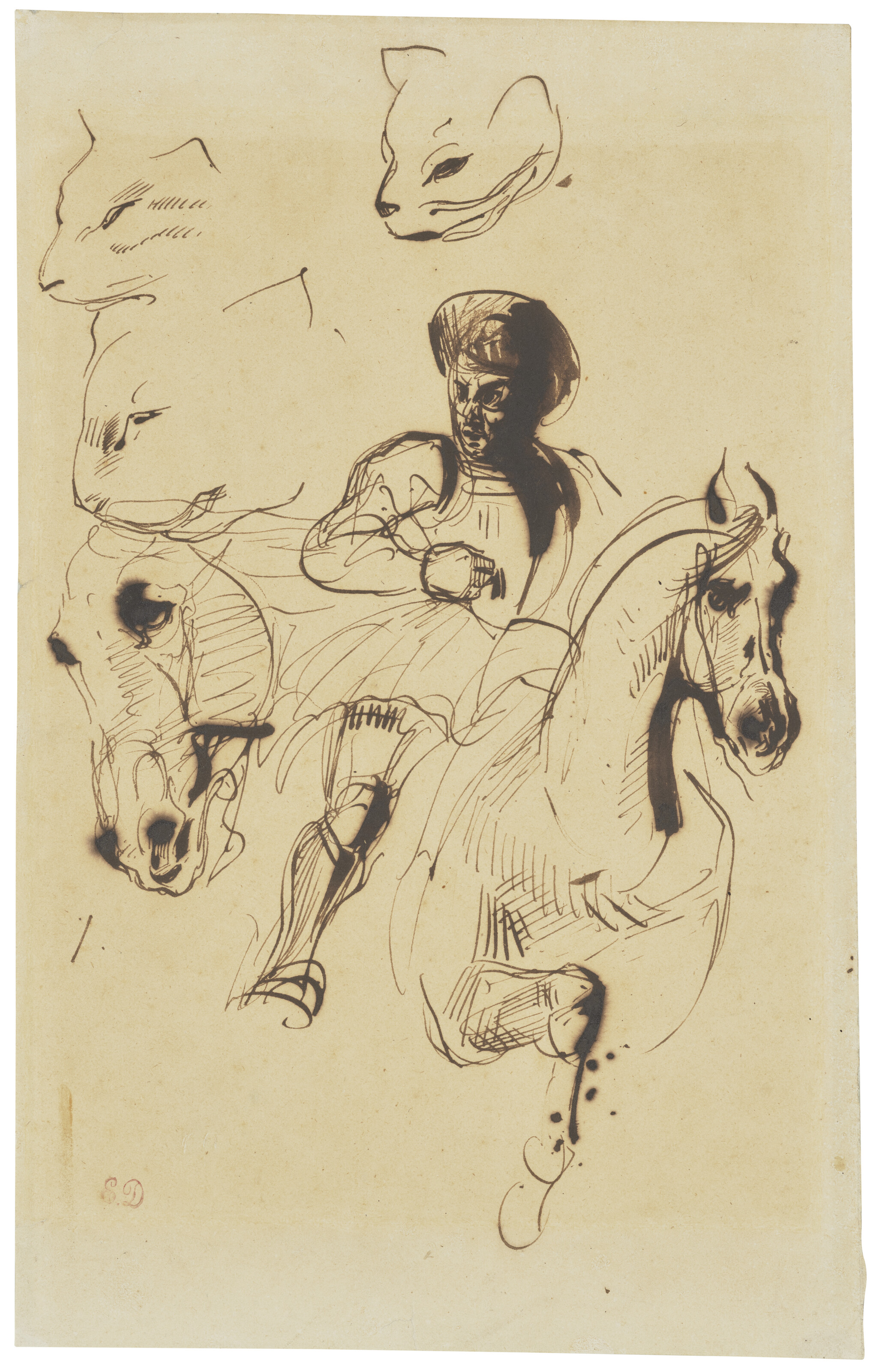Eugène Delacroix — Мужчина в доспехах верхом на коне, с изображением головы лошади и кошачьих голов, изображение 1