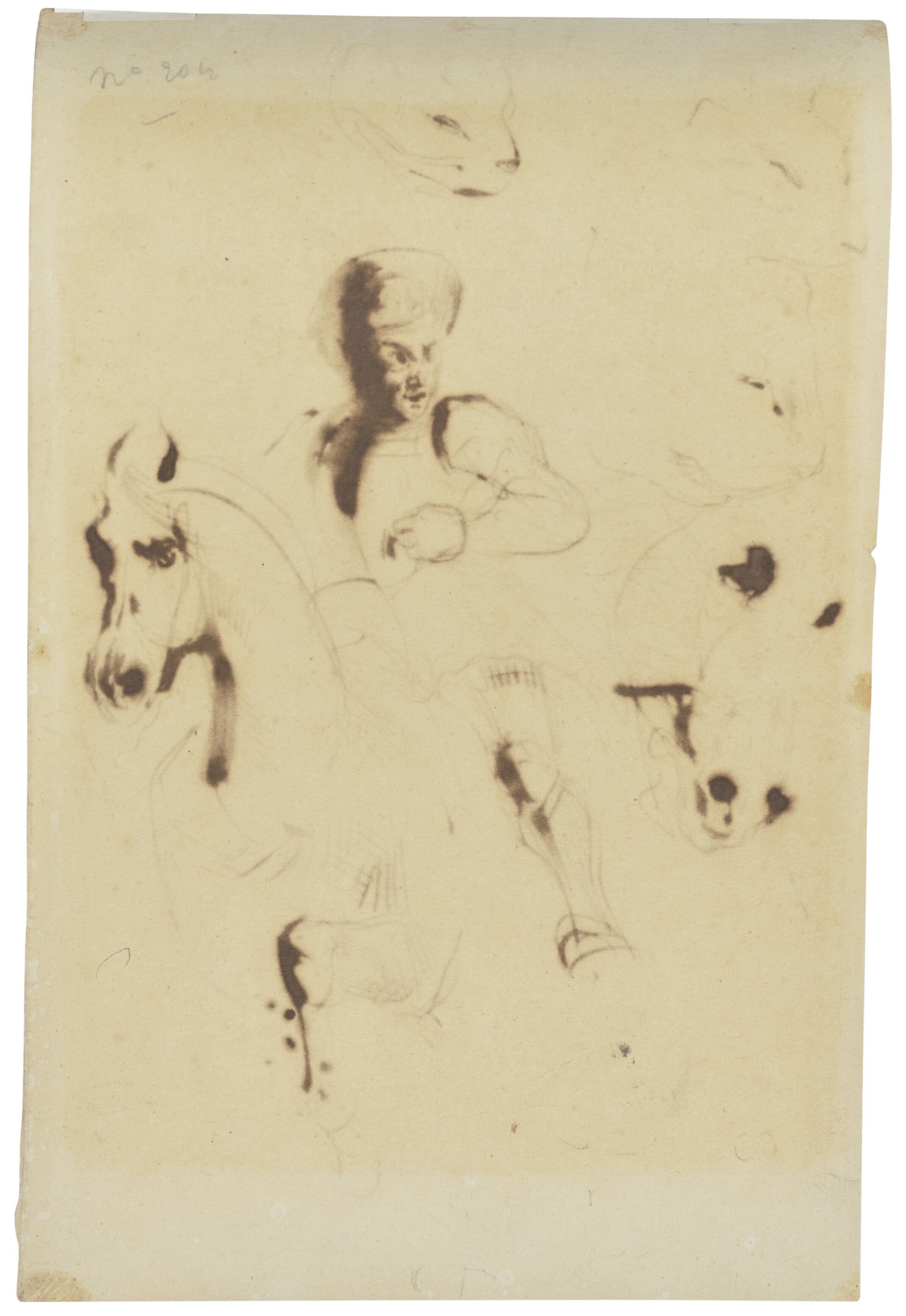 Eugène Delacroix — Мужчина в доспехах верхом на коне, с изображением головы лошади и кошачьих голов, изображение 2