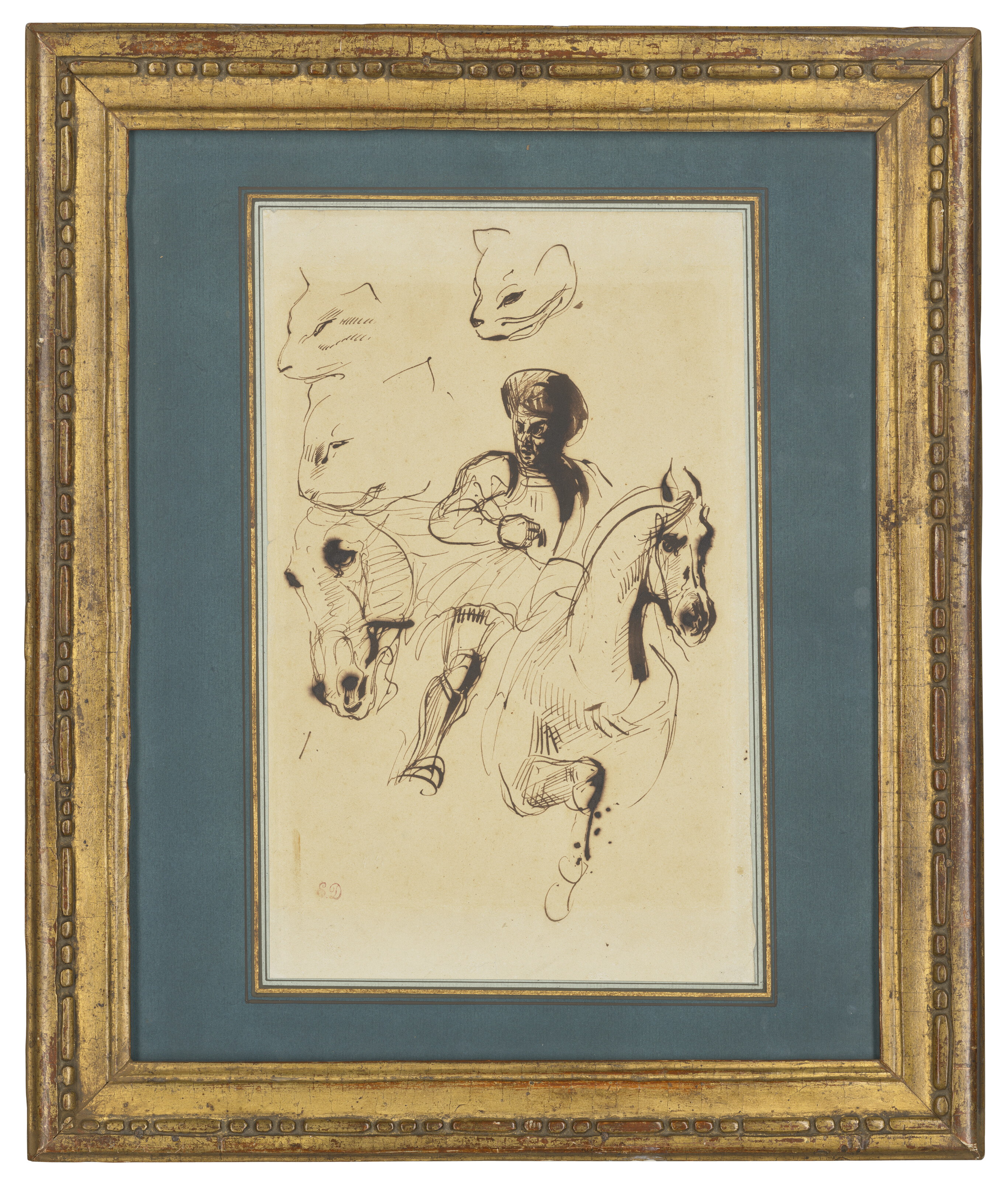 Eugène Delacroix — Мужчина в доспехах верхом на коне, с изображением головы лошади и кошачьих голов, изображение 3