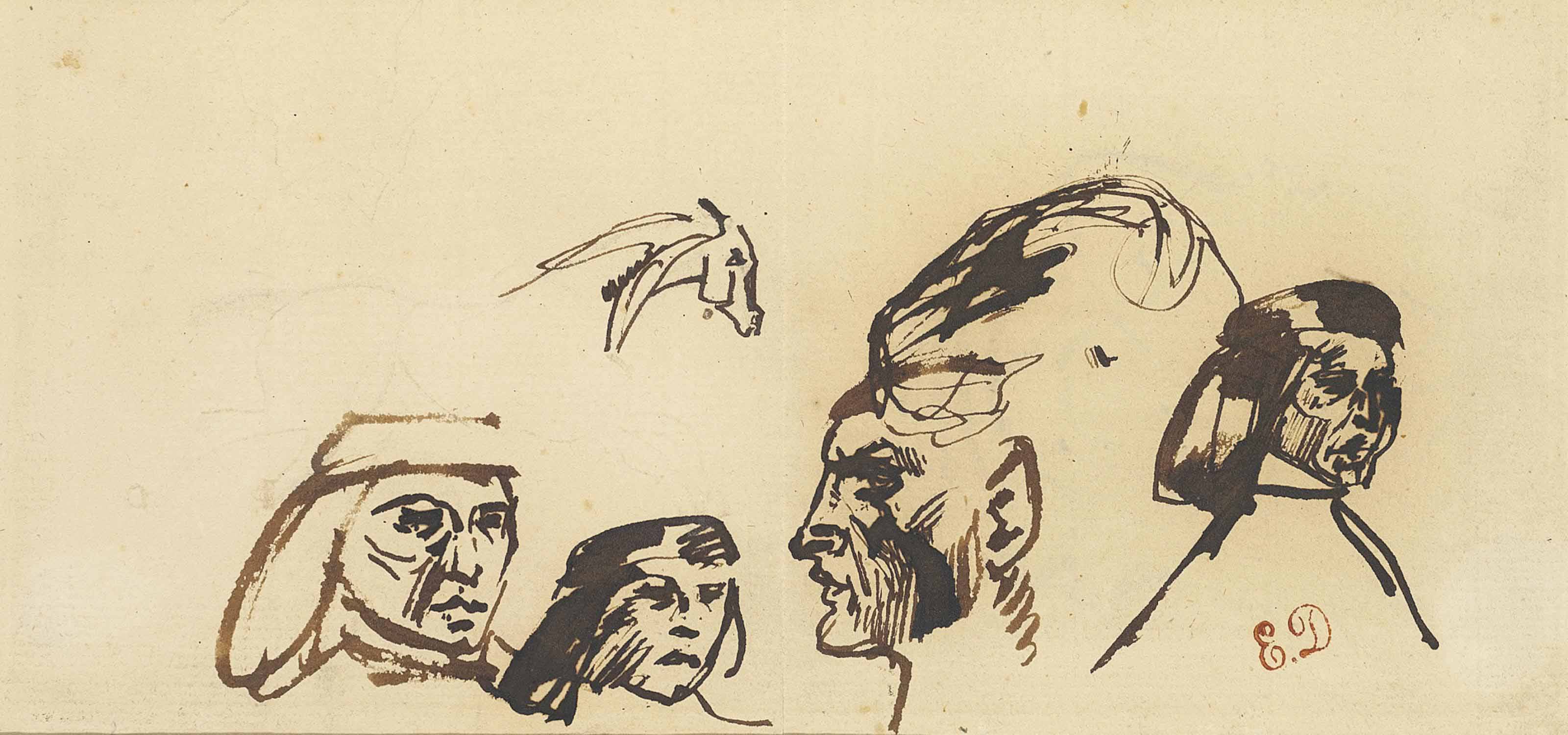 Eugène Delacroix — Проработка голов по образцу старых мастеров (recto); Проработка указующей фигуры с проработкой вспомогательных фигур (verso )