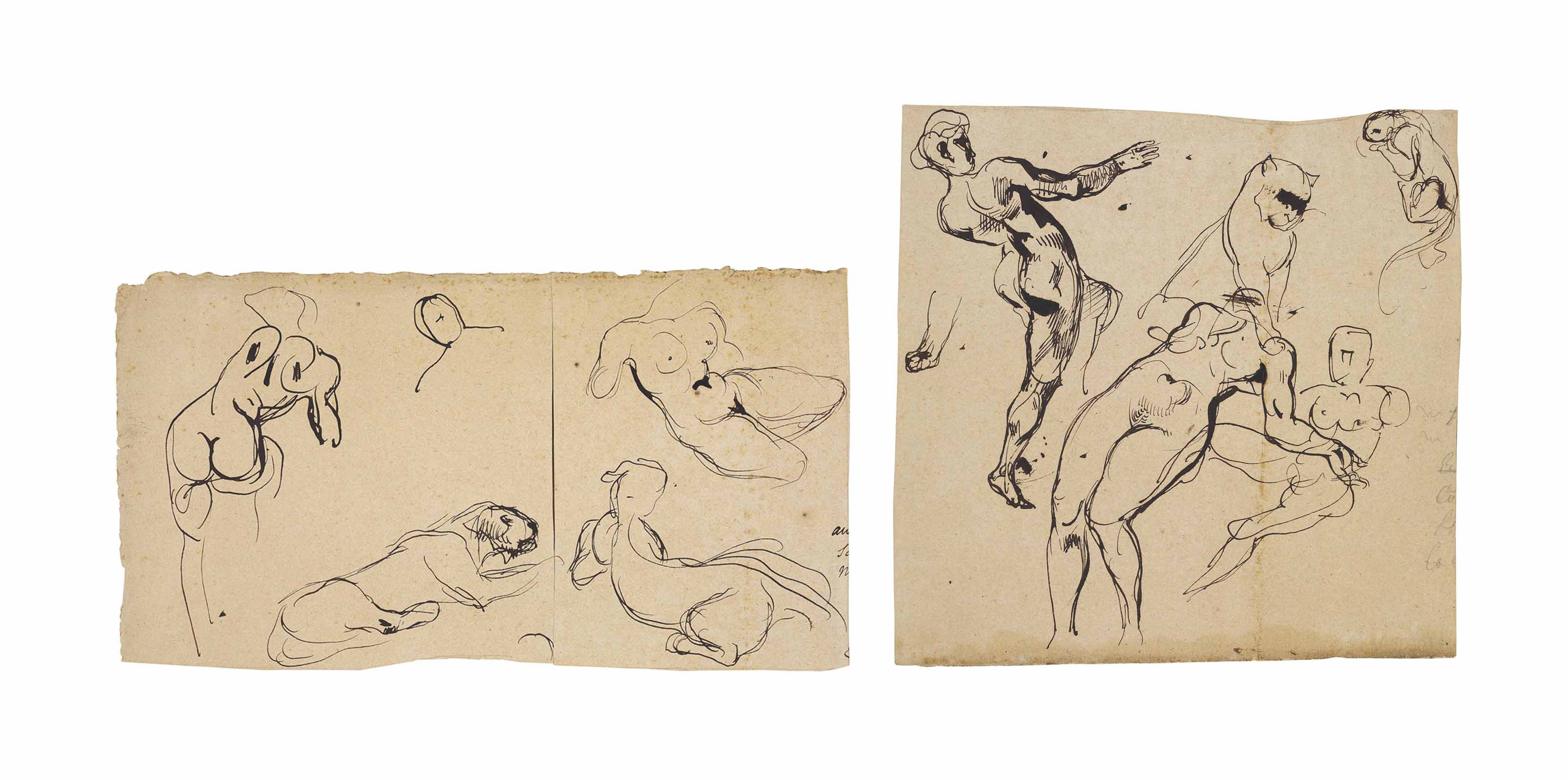Eugène Delacroix — Этюды обнаженной натуры и львицы ( ректально ), зарисовки ( оборотная сторона ); и этюды обнаженной женщины и львицы ( ректально ), этюды обнаженной натуры ( оборотная сторона ).
