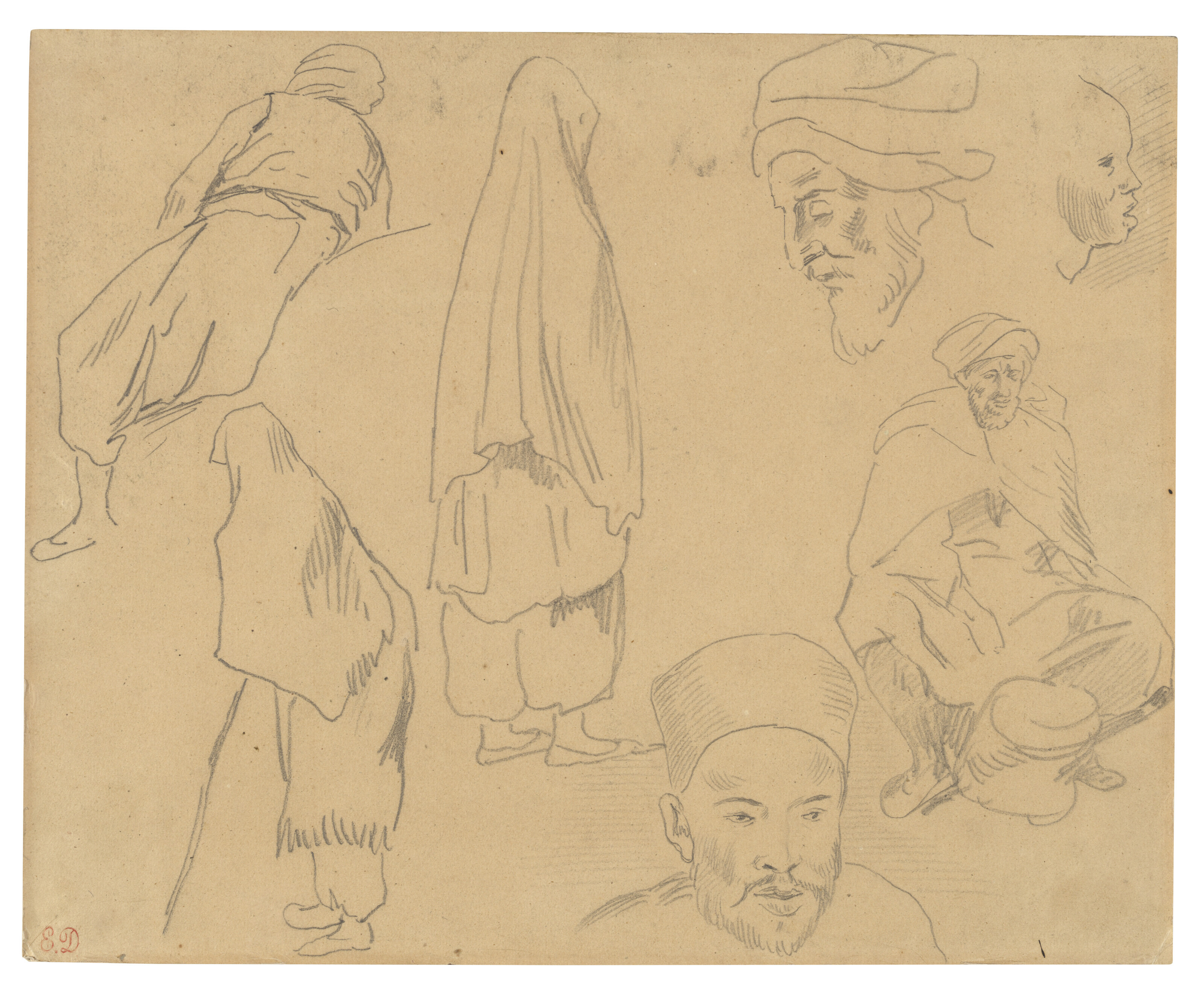 Eugène Delacroix — Четыре исследования фигур бедуинов и три исследования голов; а также два исследования сидящих мужчин