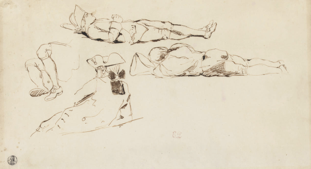 Eugène Delacroix — Трое солдат в аллонгах, с прическами в виде треуголок и в качестве вспомогательного оборудования для камзолов