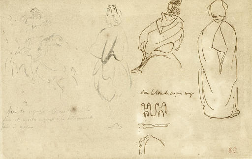 Eugène Delacroix — Всадник, размахивающий ружьем, три фигуры из Северной Африки и дополнительный этюд городских ворот.