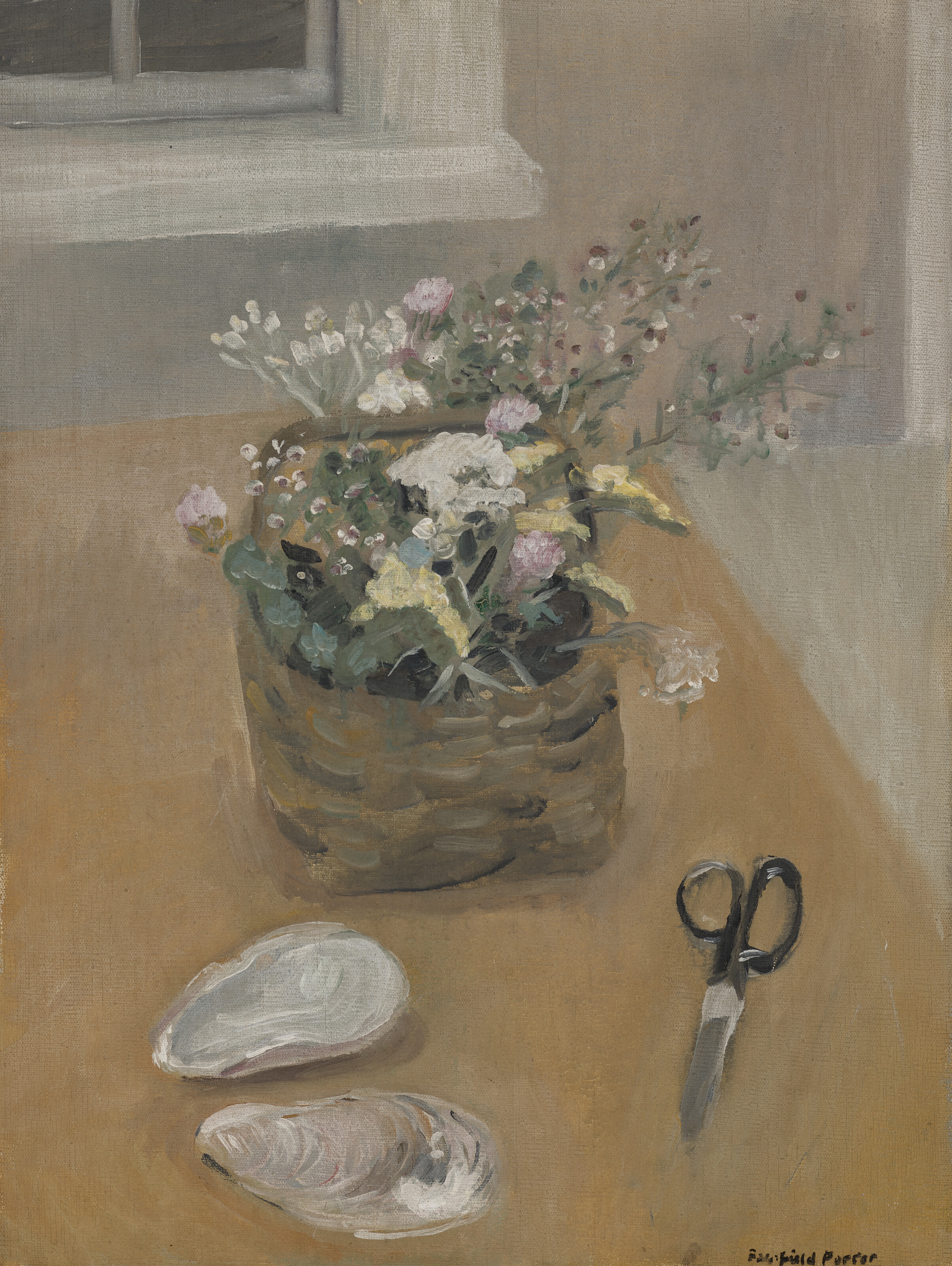 Fairfield Porter — Натюрморт с цветочной корзиной, ракушками, ножницами, изображение 1
