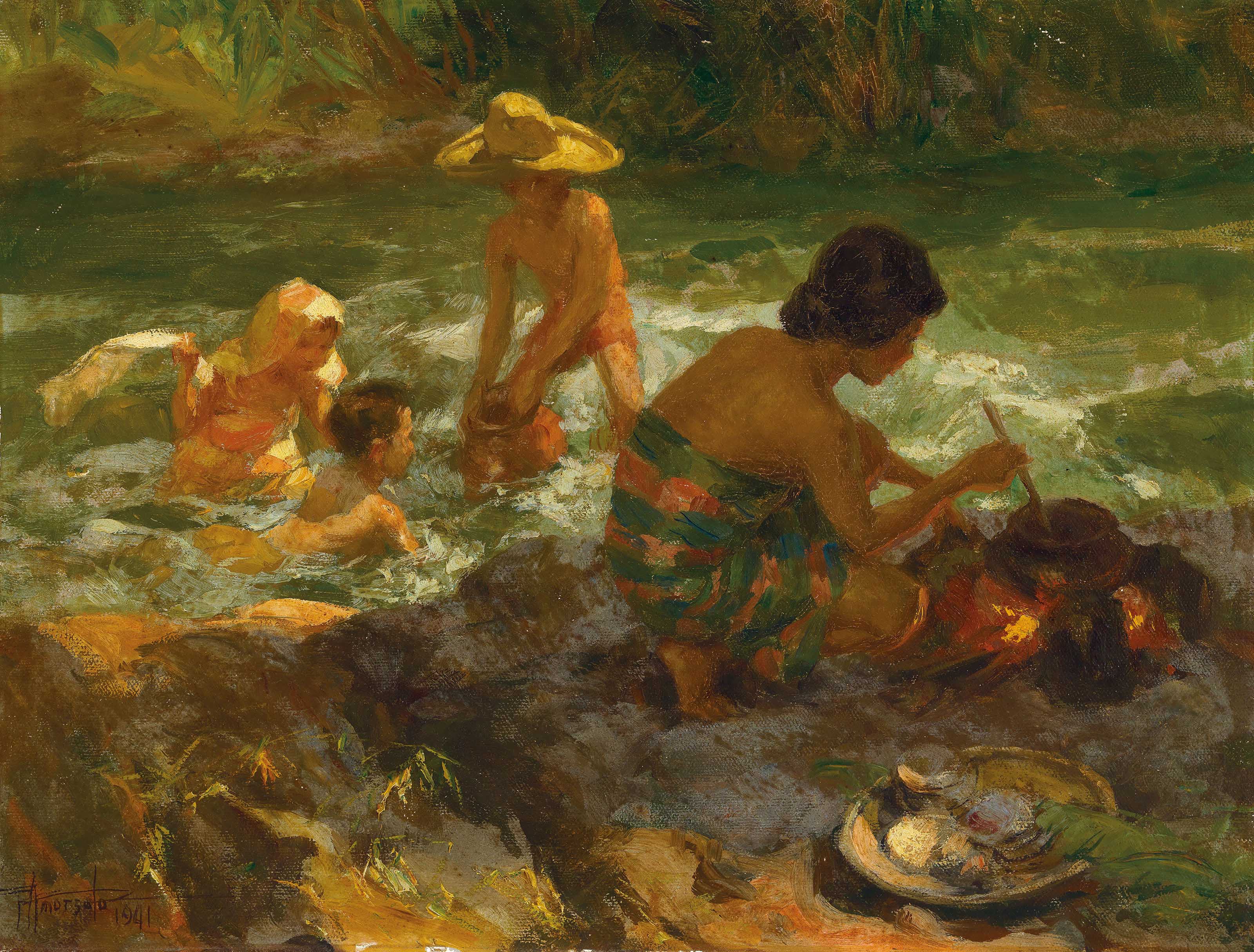 Fernando Amorsolo — Купание и приготовление пищи на берегу реки