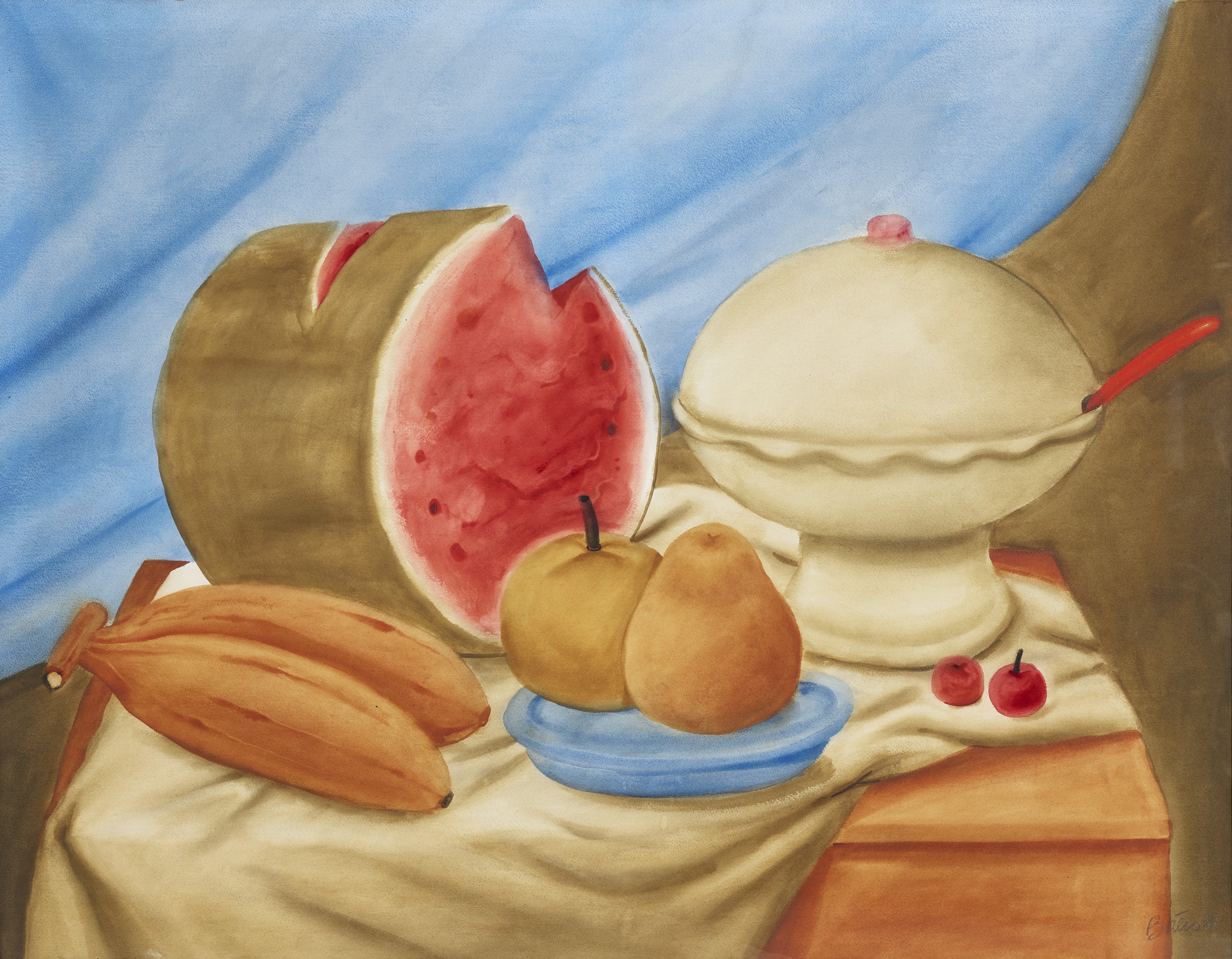 Fernando Botero — Натюрморт с супницей и арбузом, изображение 1