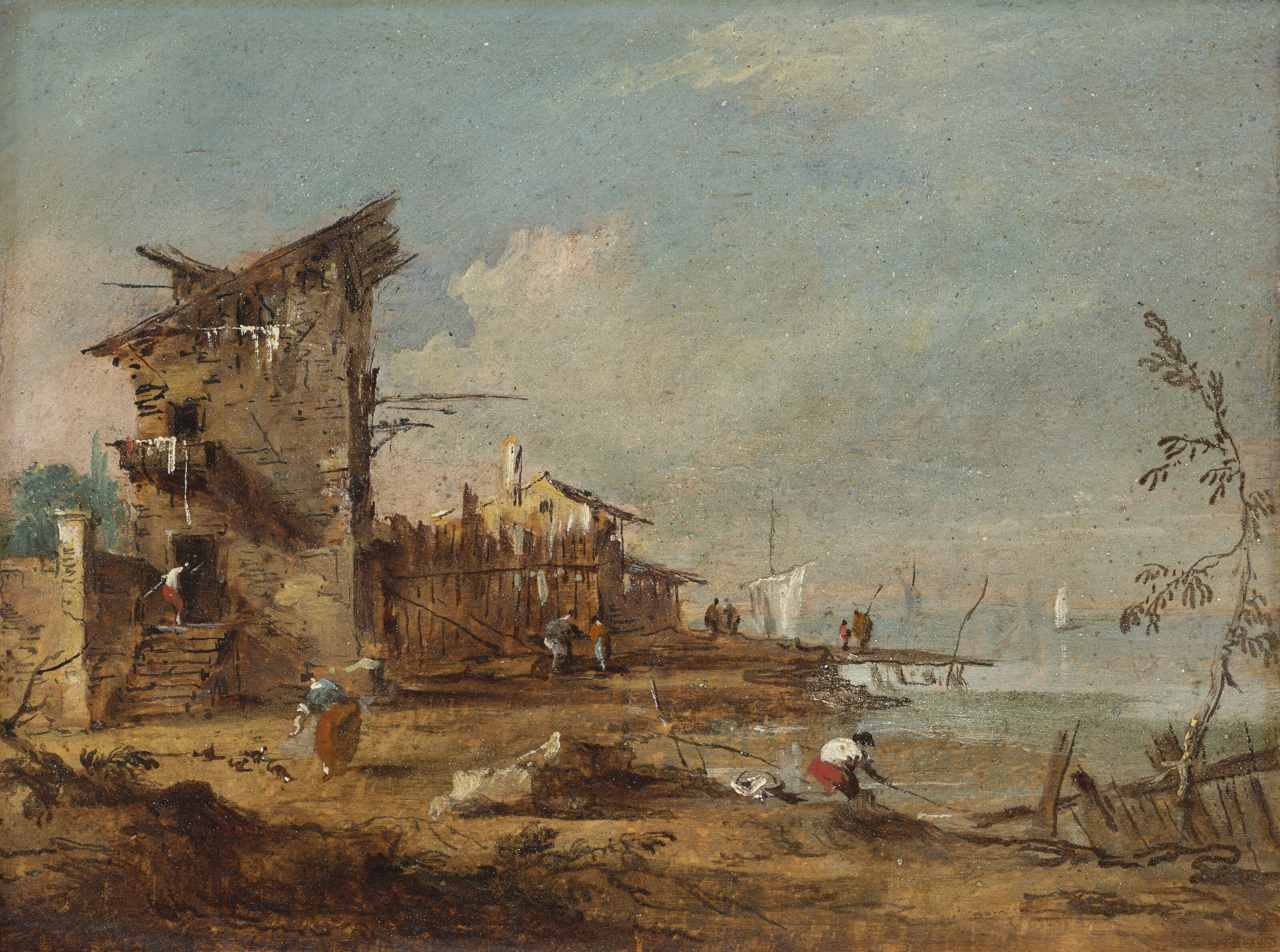 Francesco Guardi — Каприччио деревенского дома на берегу лагуны; и каприччио лагуны с фермерскими домами, изображение 2
