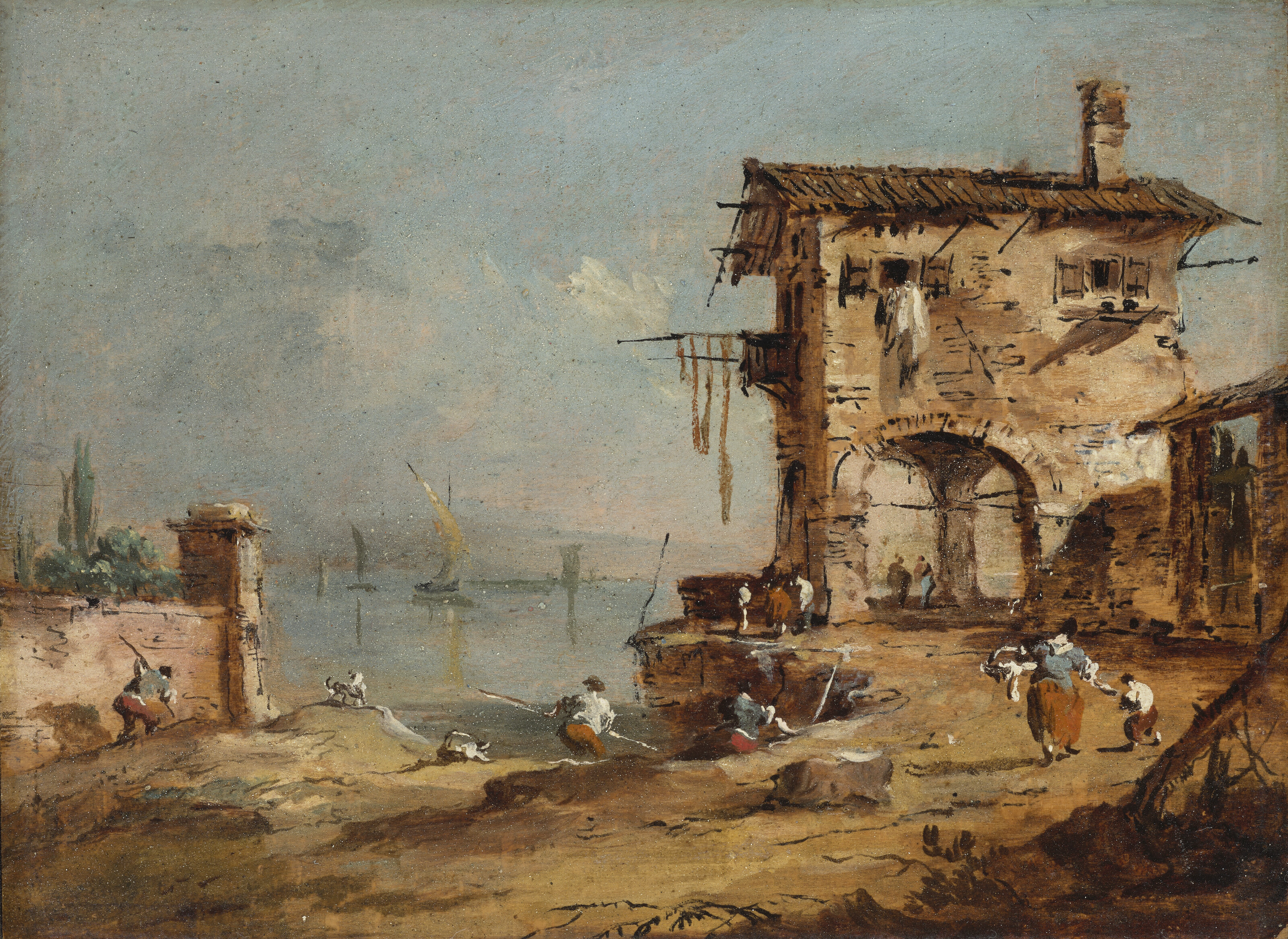 Francesco Guardi — Каприччио деревенского дома на берегу лагуны; и каприччио лагуны с фермерскими домами, изображение 5