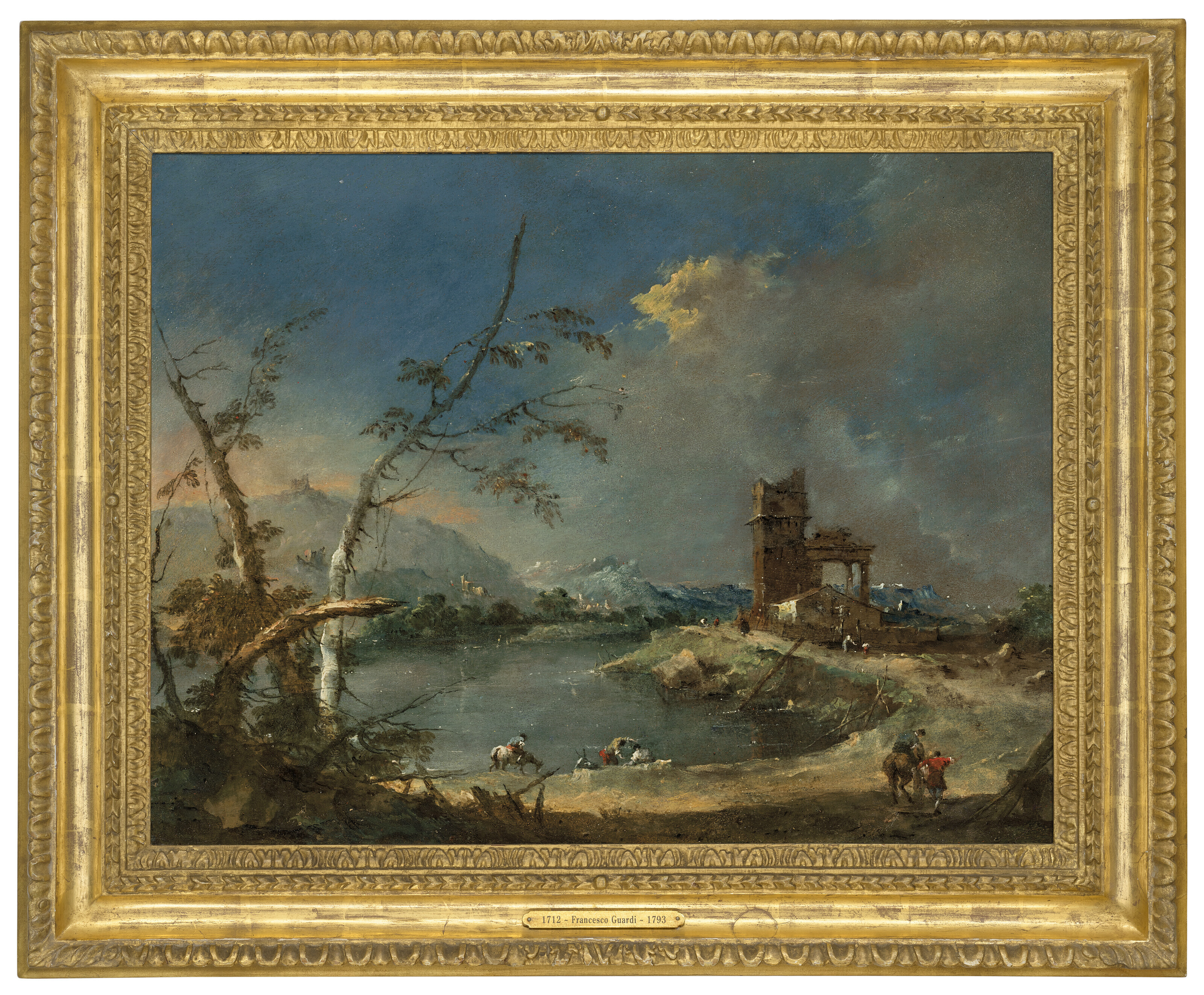 Francesco Guardi — Каприччио с изображением деревенской башни на берегу озера, изображение 2