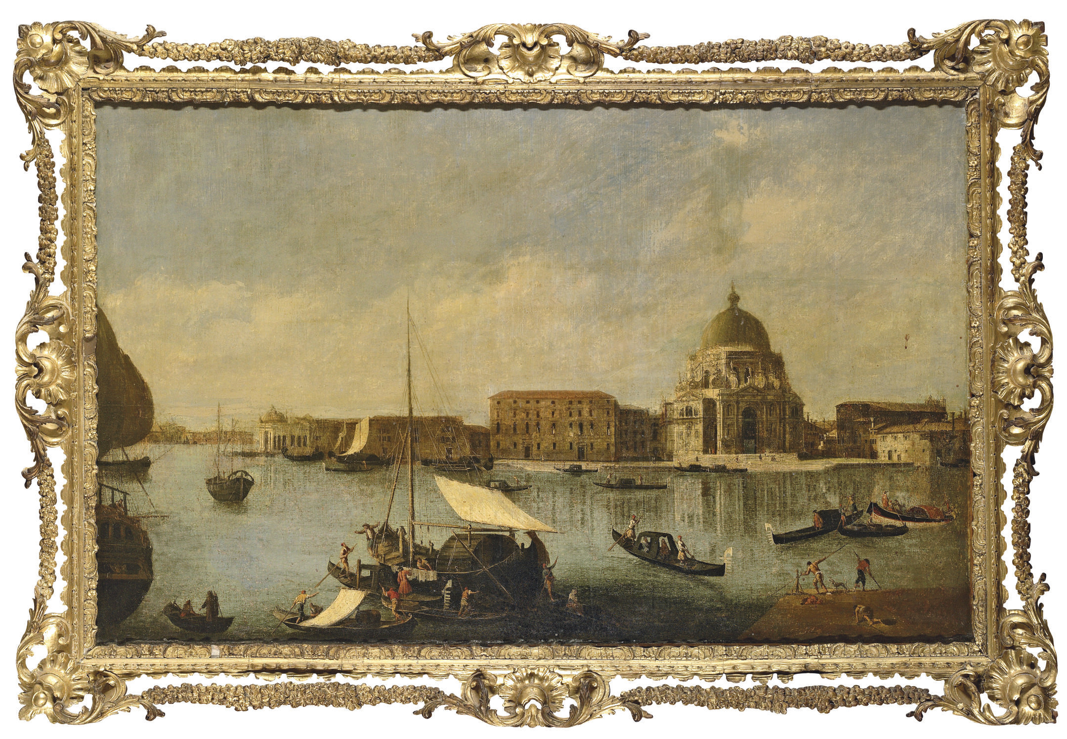 Francesco Guardi — Санта-Мария-делла-Салюте, видимая с Рива-дельи-Скьявоне, с парусниками и гондолами на переднем плане