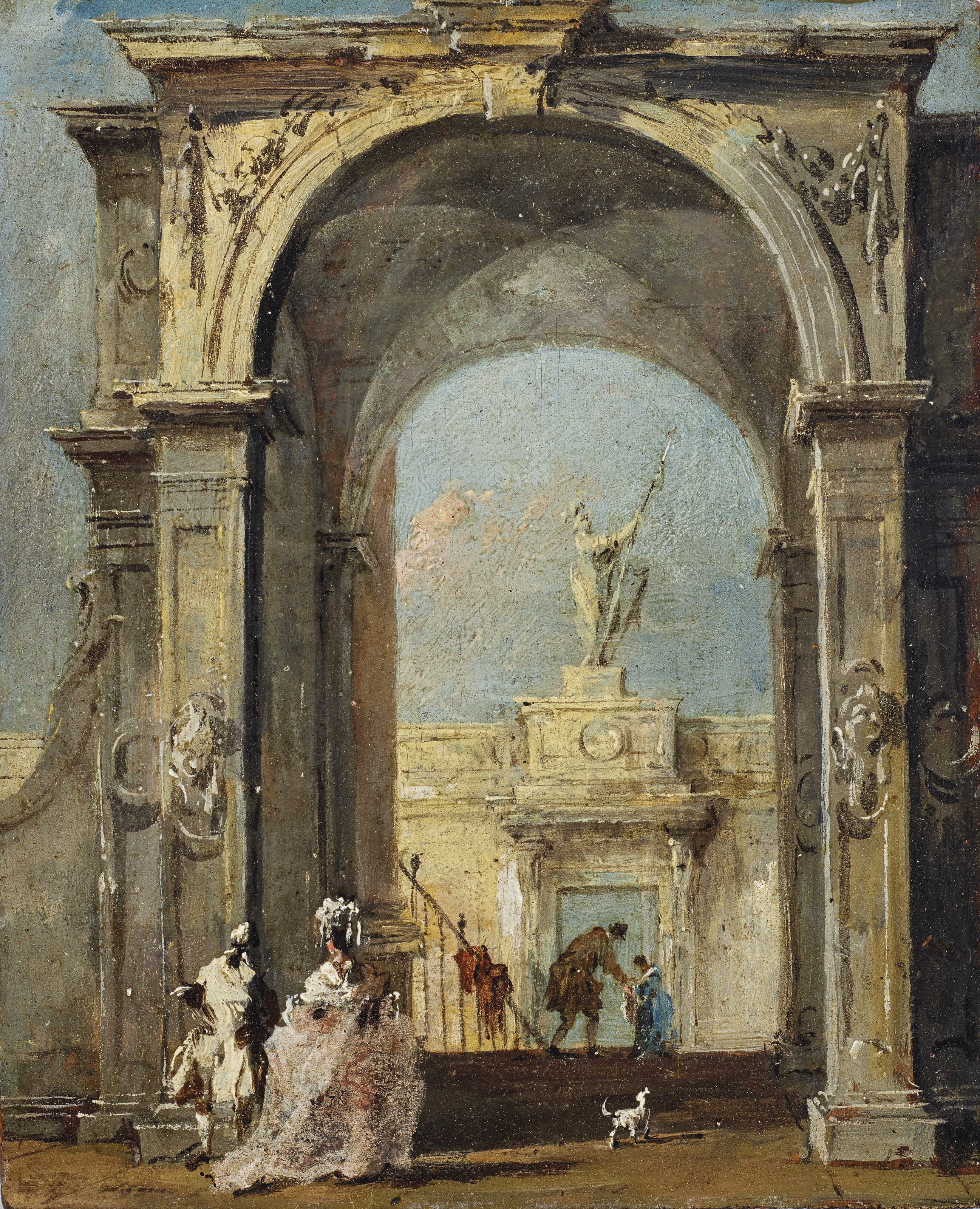 Francesco Guardi — Архитектурное каприччио с элегантно одетыми фигурами и собакой у входа во дворец, изображение 1