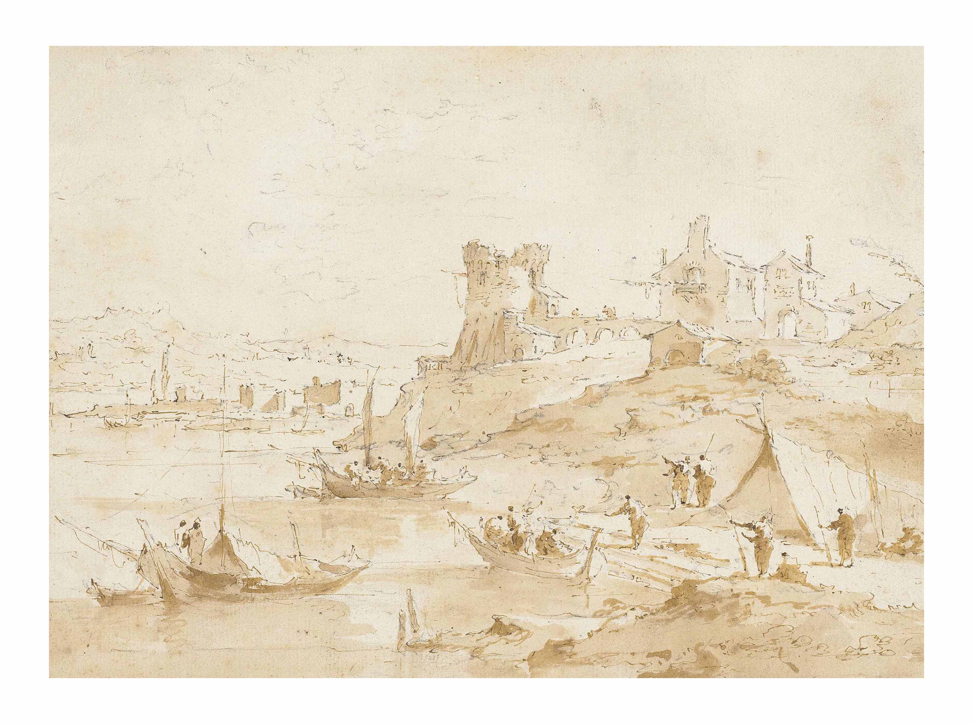 Francesco Guardi — Каприччио в виде лагуны с разрушенной башней, шатром и другими постройками
