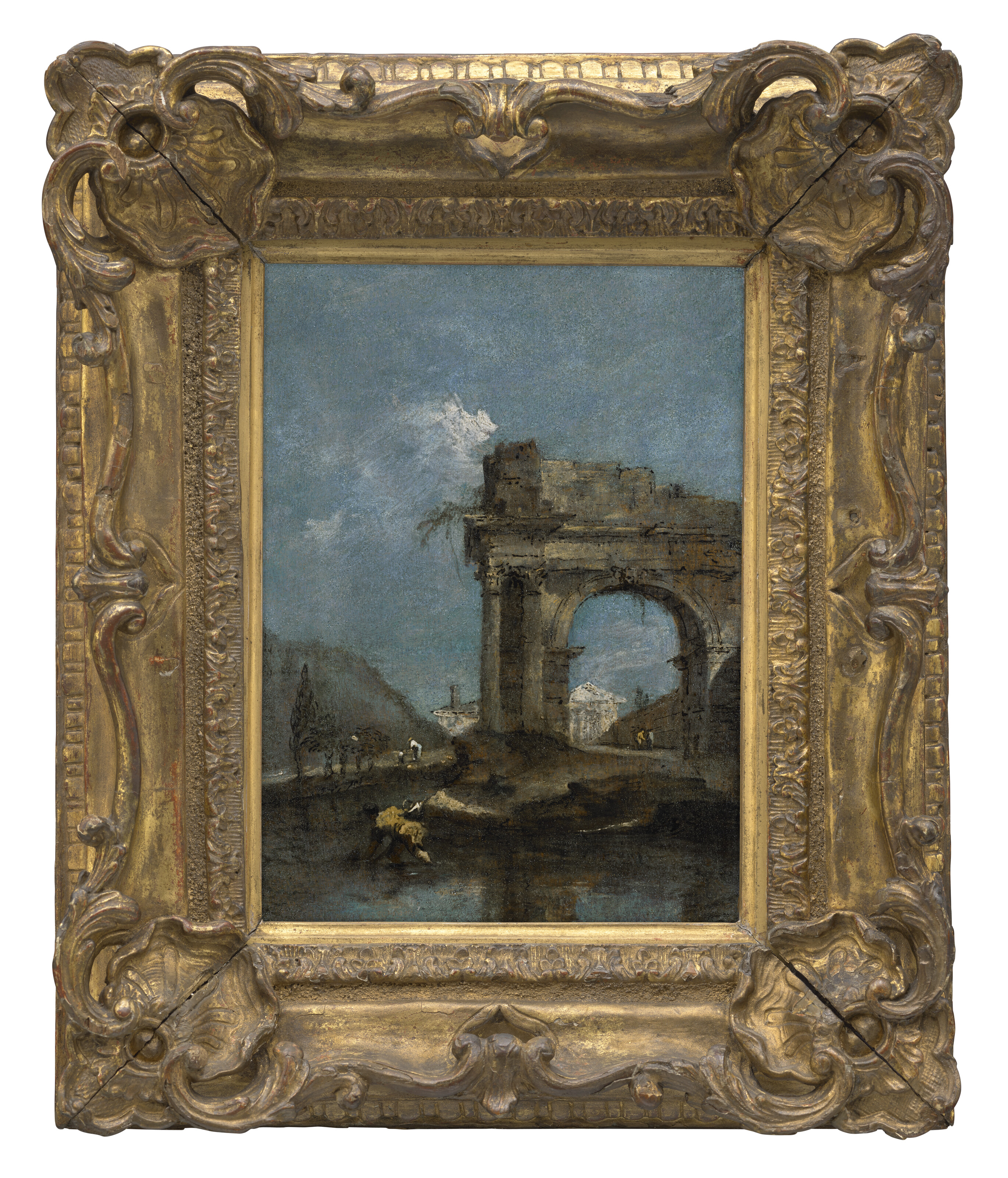 Francesco Guardi — Каприччио с классической аркой на берегу реки с рыбаком и атриумом виллы вдалеке., изображение 2