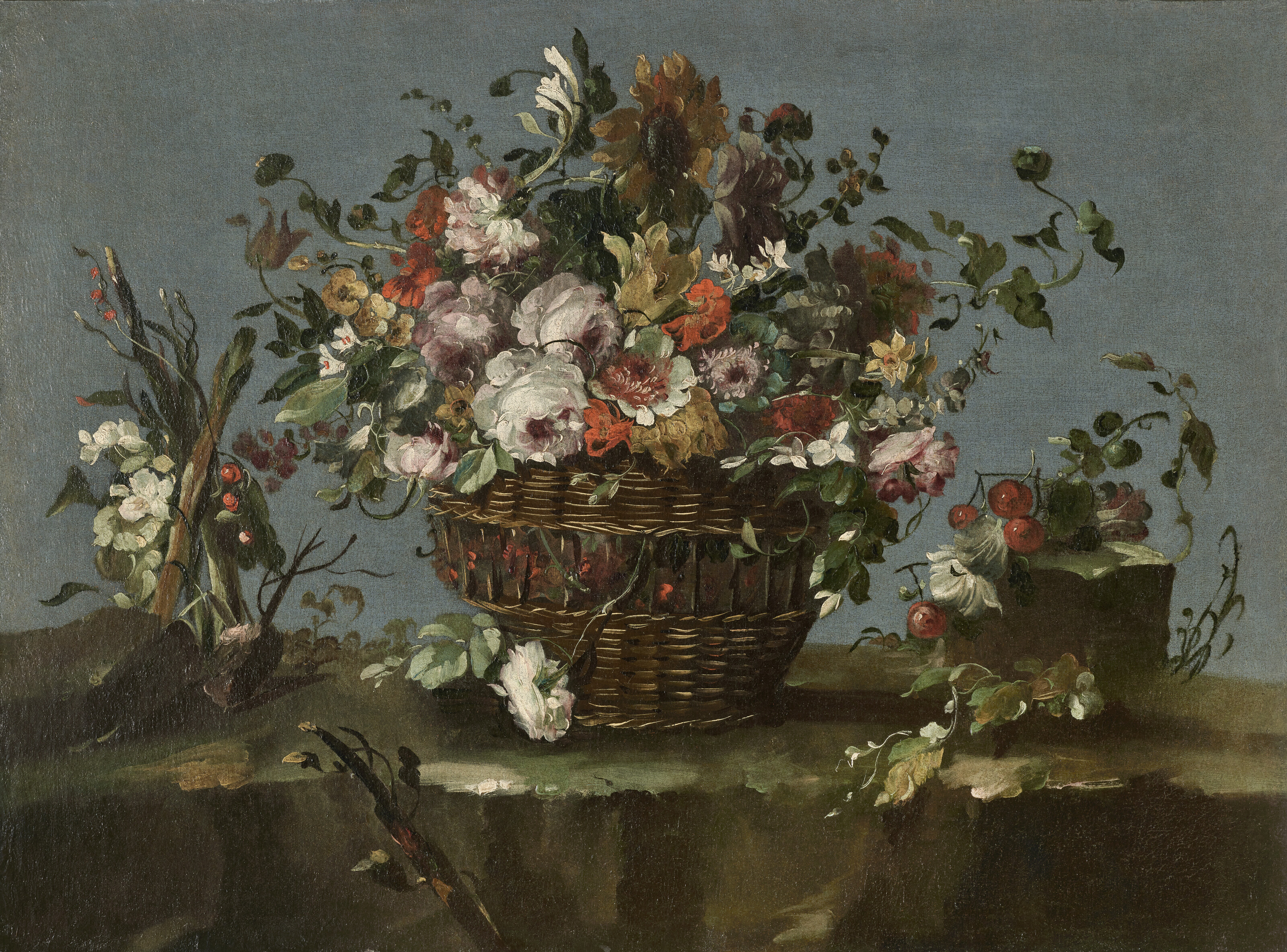 Francesco Guardi — Корзина с цветами на каменистом берегу с другими цветами, веточками зелени и вишнями рядом с ней, изображение 1