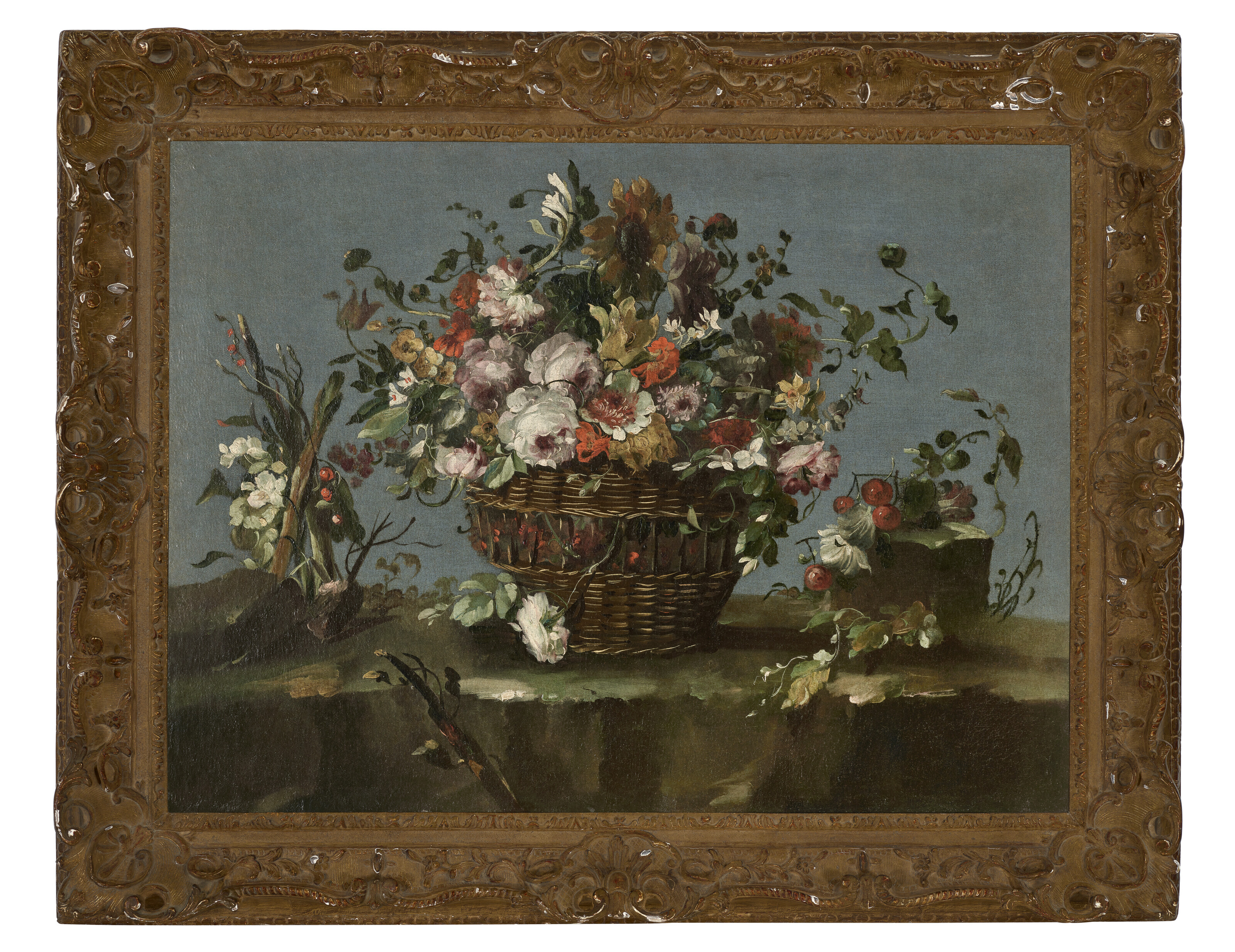 Francesco Guardi — Корзина с цветами на каменистом берегу с другими цветами, веточками зелени и вишнями рядом с ней, изображение 2