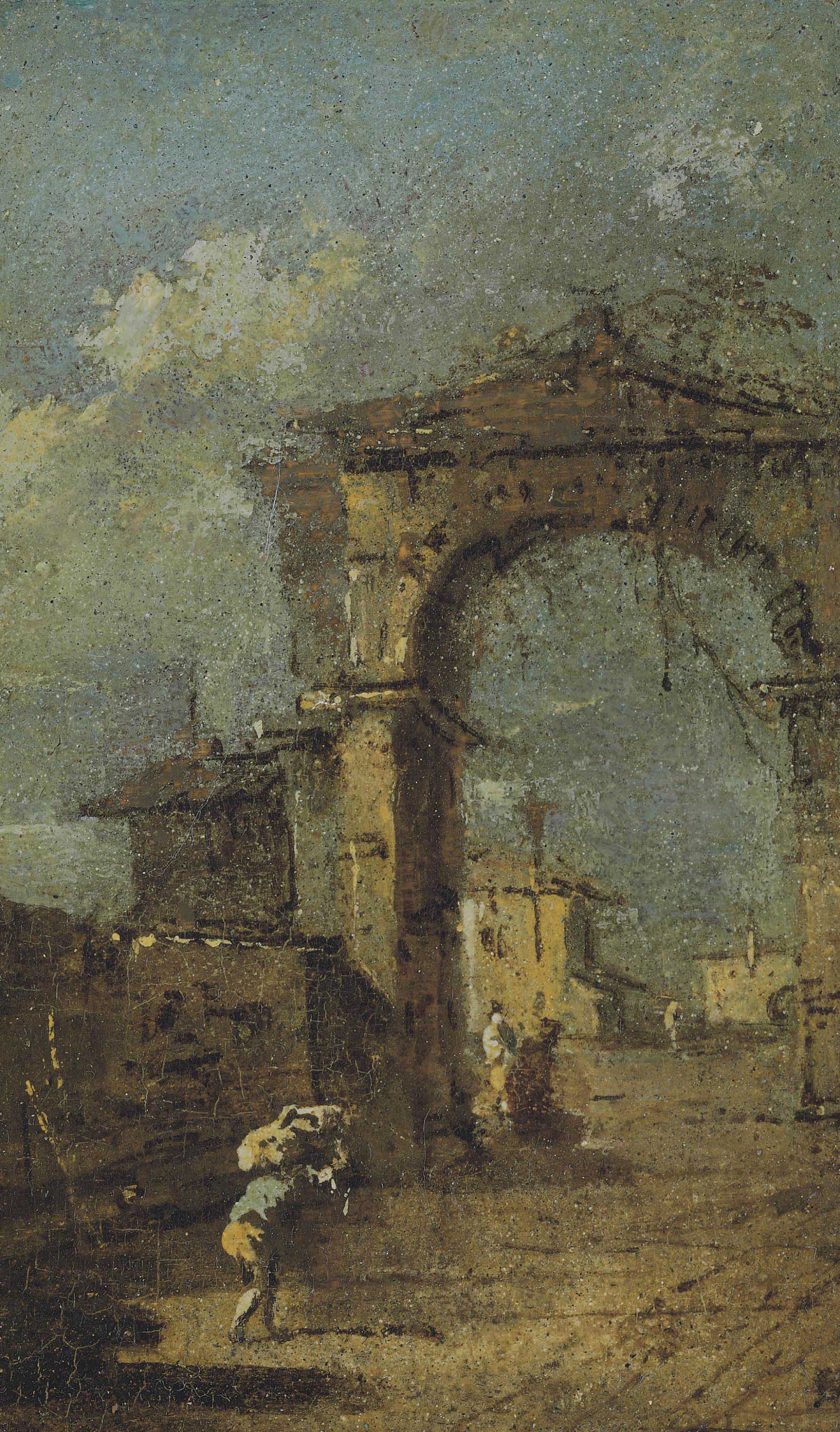 Francesco Guardi — Каприччио с изображением разрушенной арки, городской стены и фигур