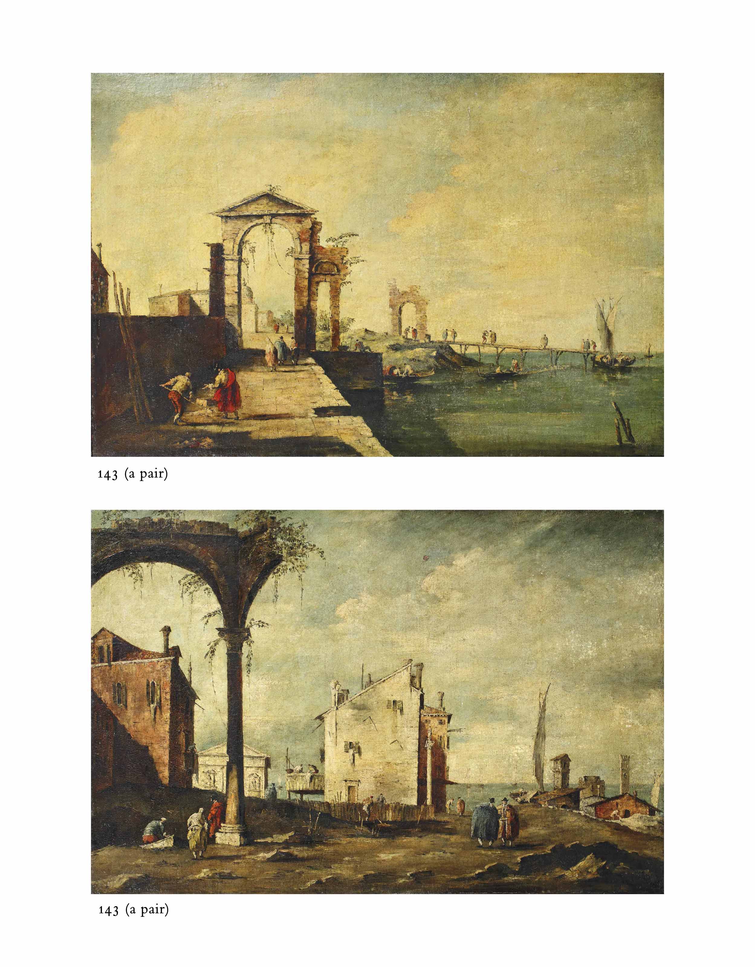 Francesco Guardi — Сцена средиземноморской гавани с разрушенной аркой и фигурами на деревянном мосту за ней; и прибрежный город с разрушенной аркой и работающими фигурами