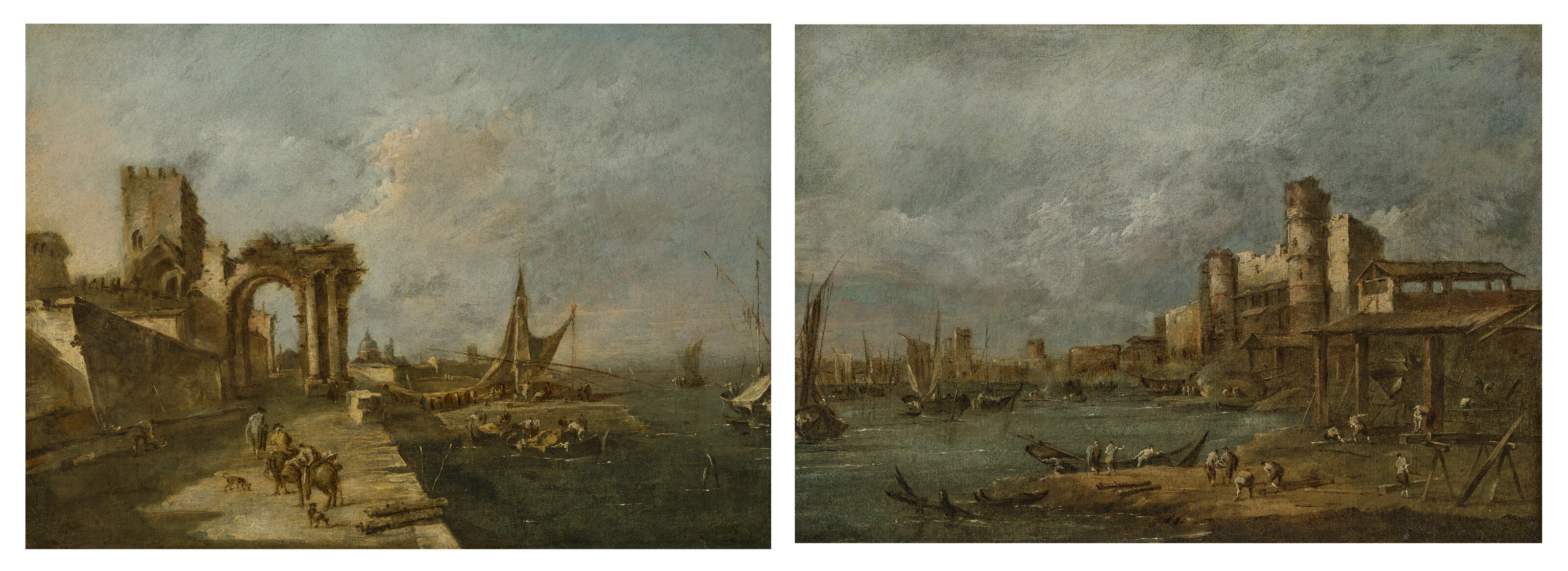 Francesco Guardi — Каприччио с разрушенной аркой, башней за ней и морским портом с лодками и небольшими суденышками, куполообразной церковью вдалеке; и Каприччио с арсеналом, несколькими корабелами, работающими на верфи, лодками и городом с башнями за ними., изображение 2