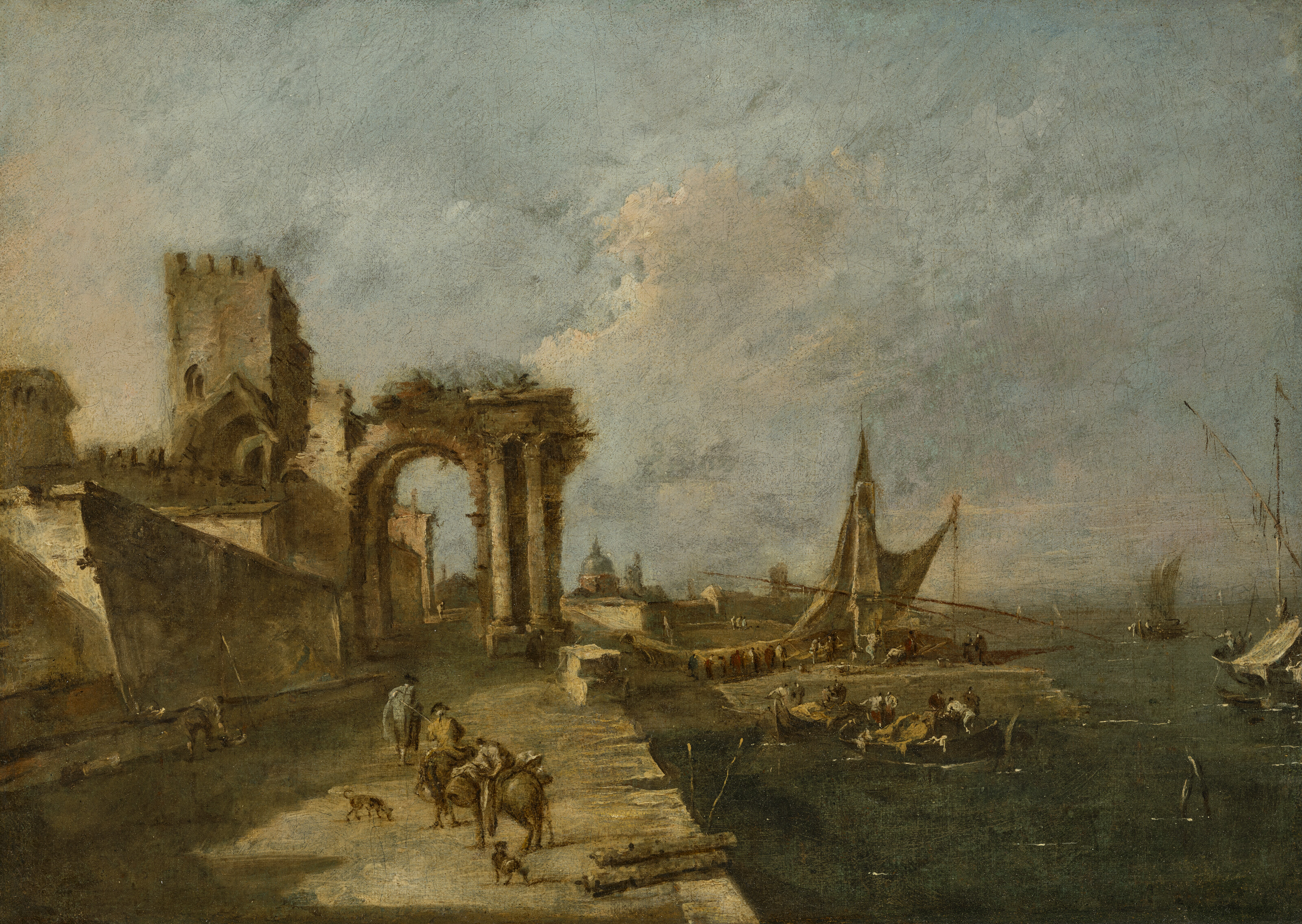 Francesco Guardi — Каприччио с разрушенной аркой, башней за ней и морским портом с лодками и небольшими суденышками, куполообразной церковью вдалеке; и Каприччио с арсеналом, несколькими корабелами, работающими на верфи, лодками и городом с башнями за ними., изображение 3