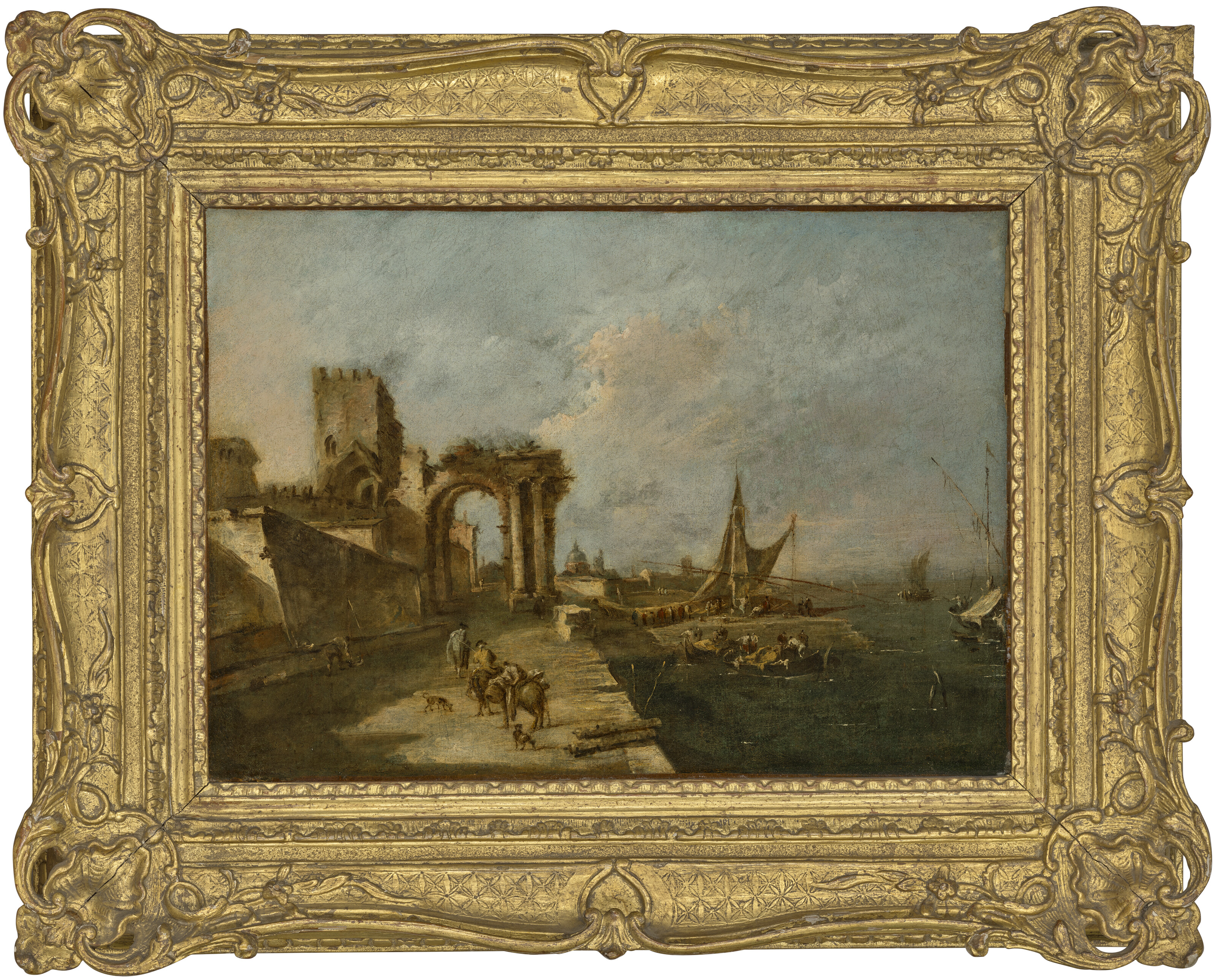 Francesco Guardi — Каприччио с разрушенной аркой, башней за ней и морским портом с лодками и небольшими суденышками, куполообразной церковью вдалеке; и Каприччио с арсеналом, несколькими корабелами, работающими на верфи, лодками и городом с башнями за ними., изображение 4