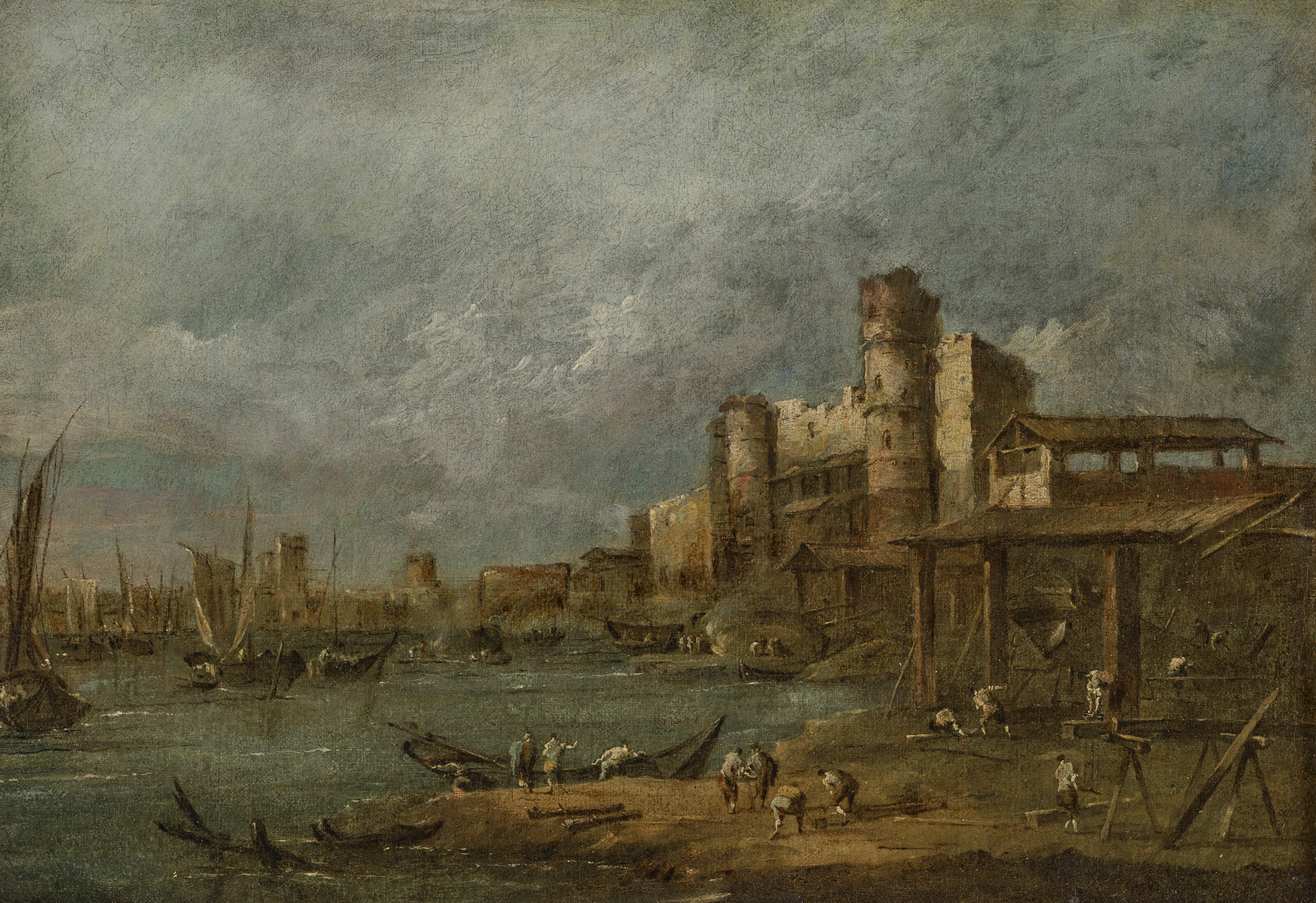 Francesco Guardi — Каприччио с разрушенной аркой, башней за ней и морским портом с лодками и небольшими суденышками, куполообразной церковью вдалеке; и Каприччио с арсеналом, несколькими корабелами, работающими на верфи, лодками и городом с башнями за ними., изображение 6