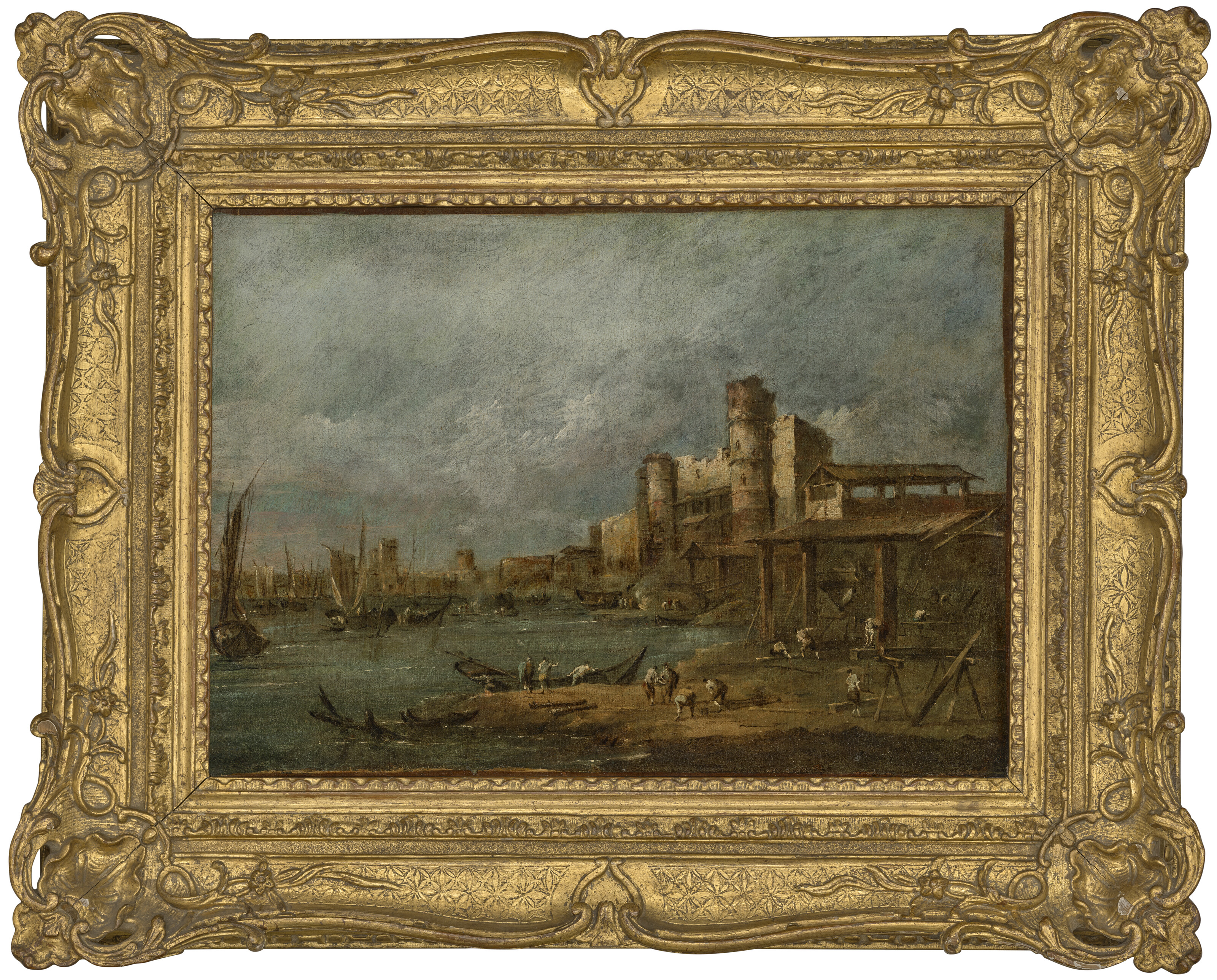 Francesco Guardi — Каприччио с разрушенной аркой, башней за ней и морским портом с лодками и небольшими суденышками, куполообразной церковью вдалеке; и Каприччио с арсеналом, несколькими корабелами, работающими на верфи, лодками и городом с башнями за ними., изображение 7