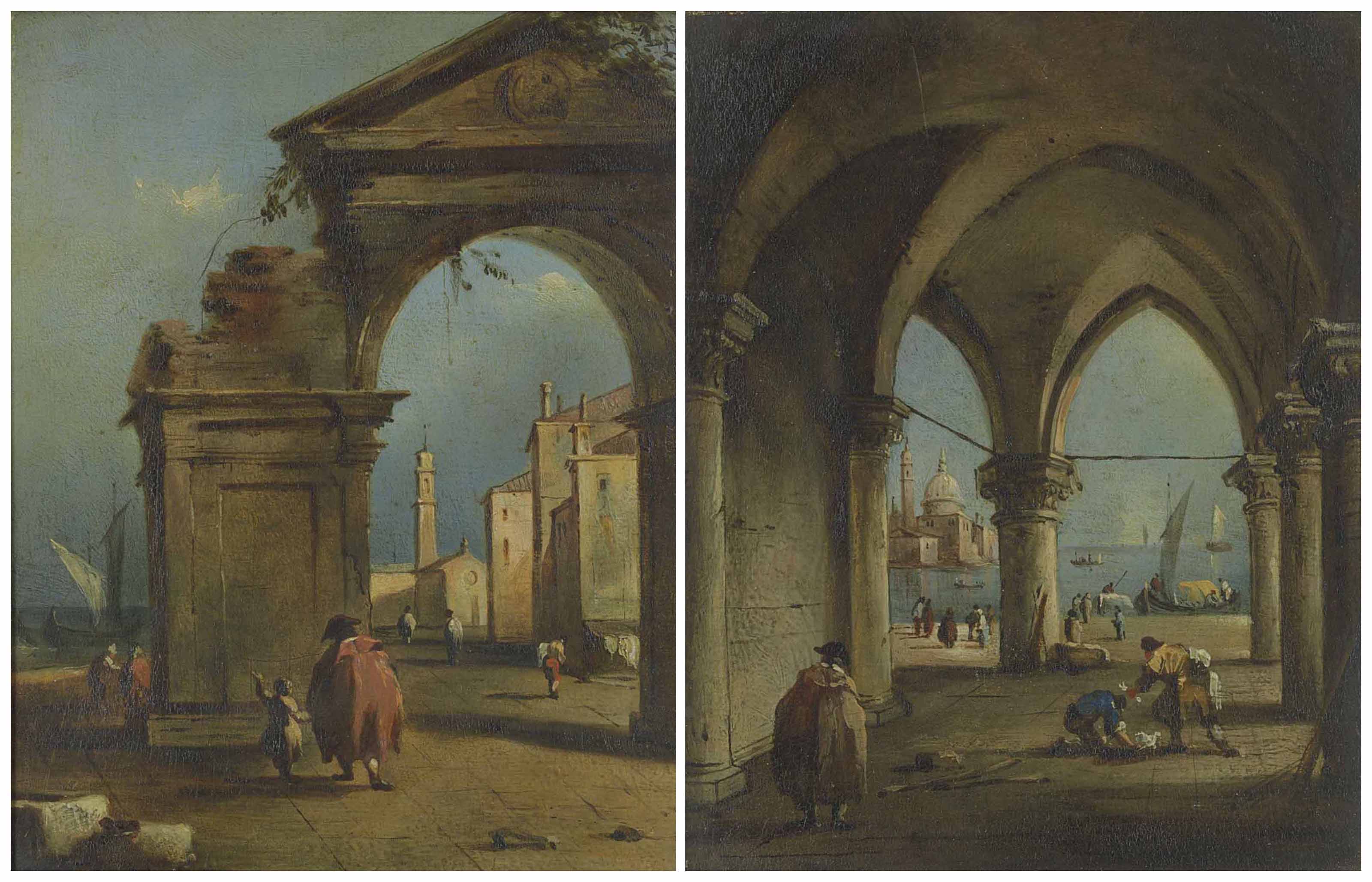 Francesco Guardi — Архитектурное каприччио с фигурами у руин и портиком во внутреннем дворе, изображение 1