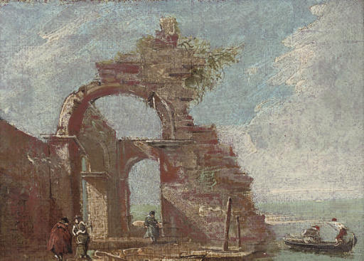 Francesco Guardi — Каприччио с фигурами под аркой и фигурами в лодке на берегу лагуны