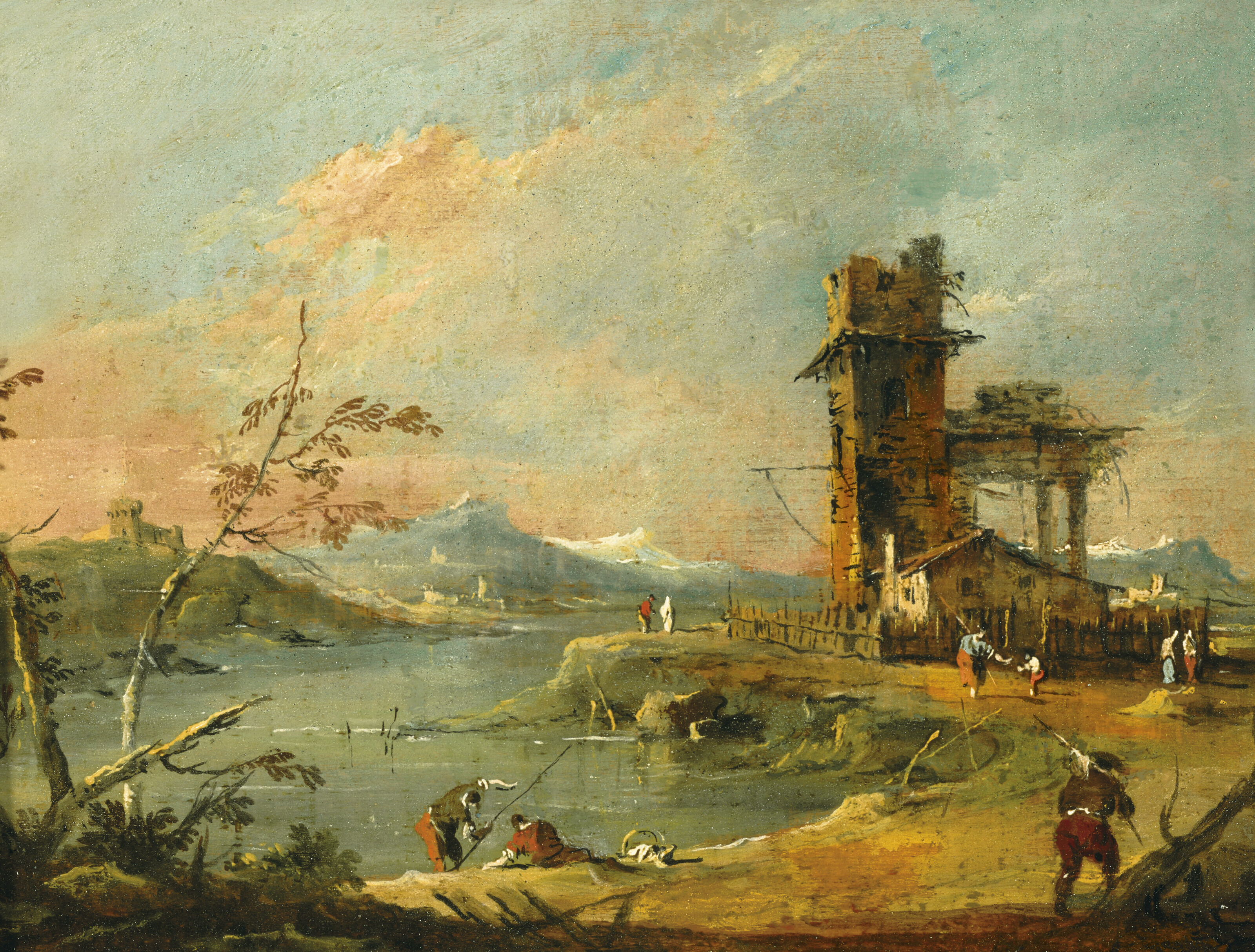 Francesco Guardi — Каприччио с изображением деревенской башни на берегу озера, за которым видны горы