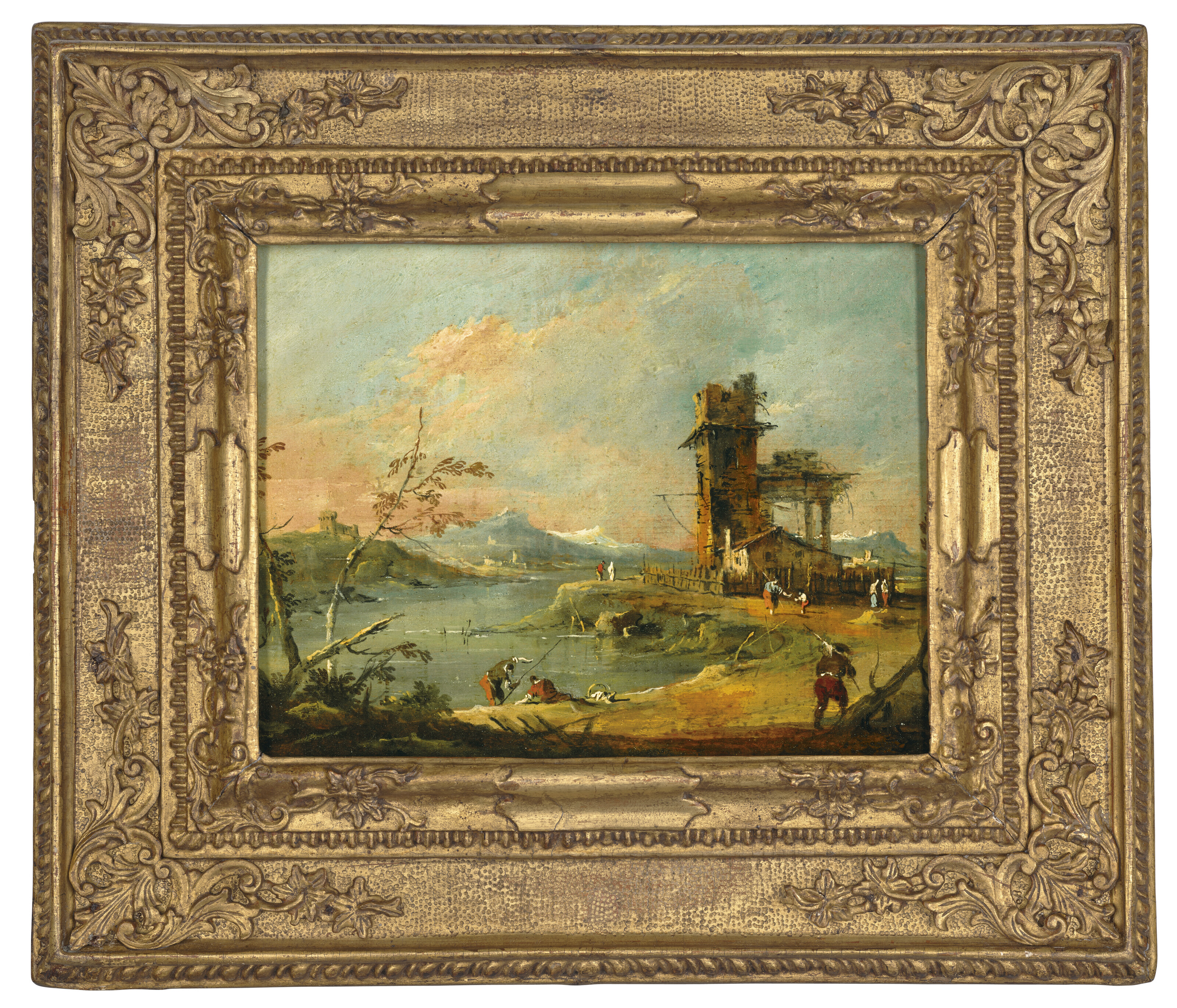 Francesco Guardi — Каприччио с изображением деревенской башни на берегу озера, за которым видны горы, изображение 2