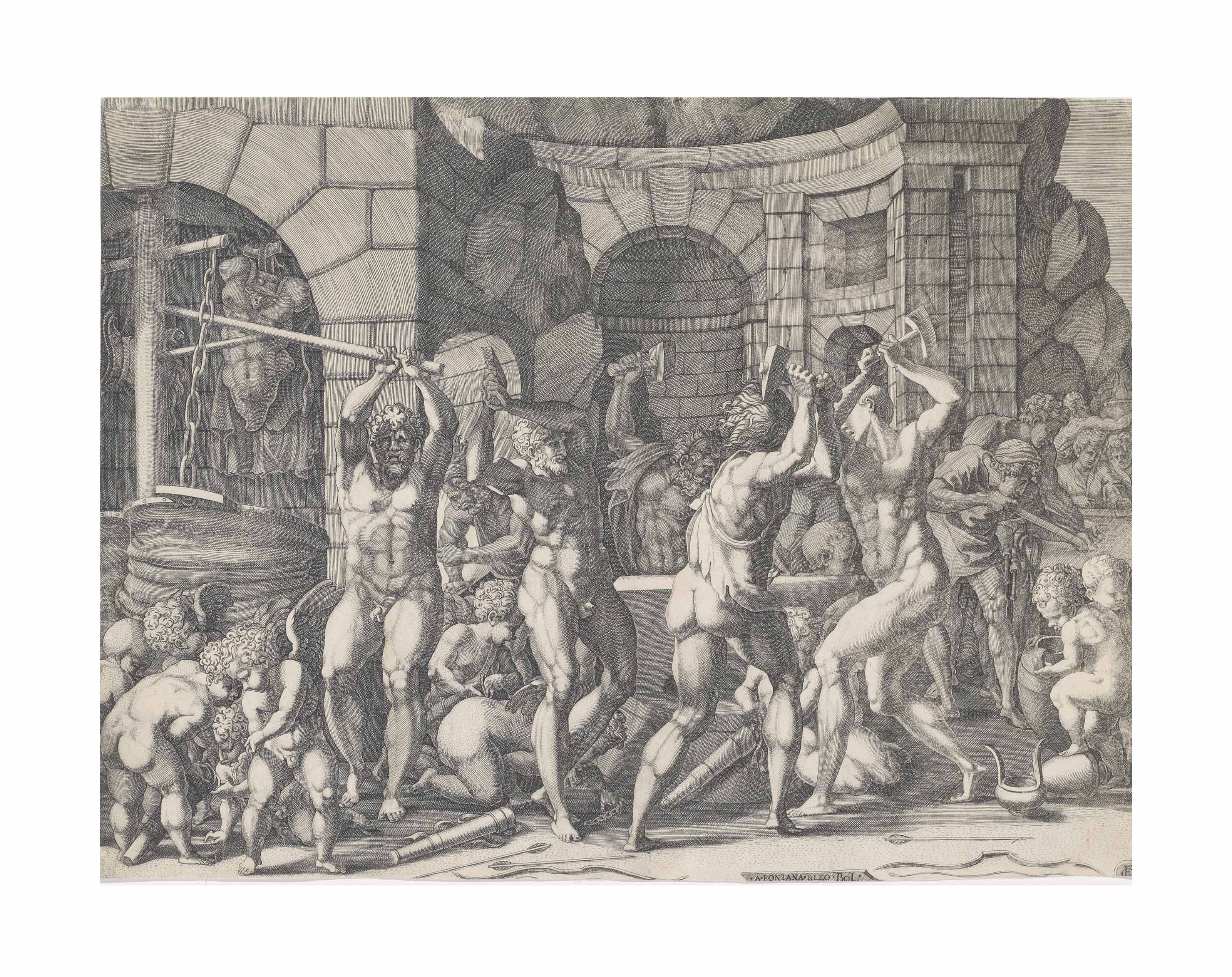 Francesco Primaticcio — Вулкан и циклоп куют стрелы для Купидона (Наглер II.1914.4; В. IX.25.4)