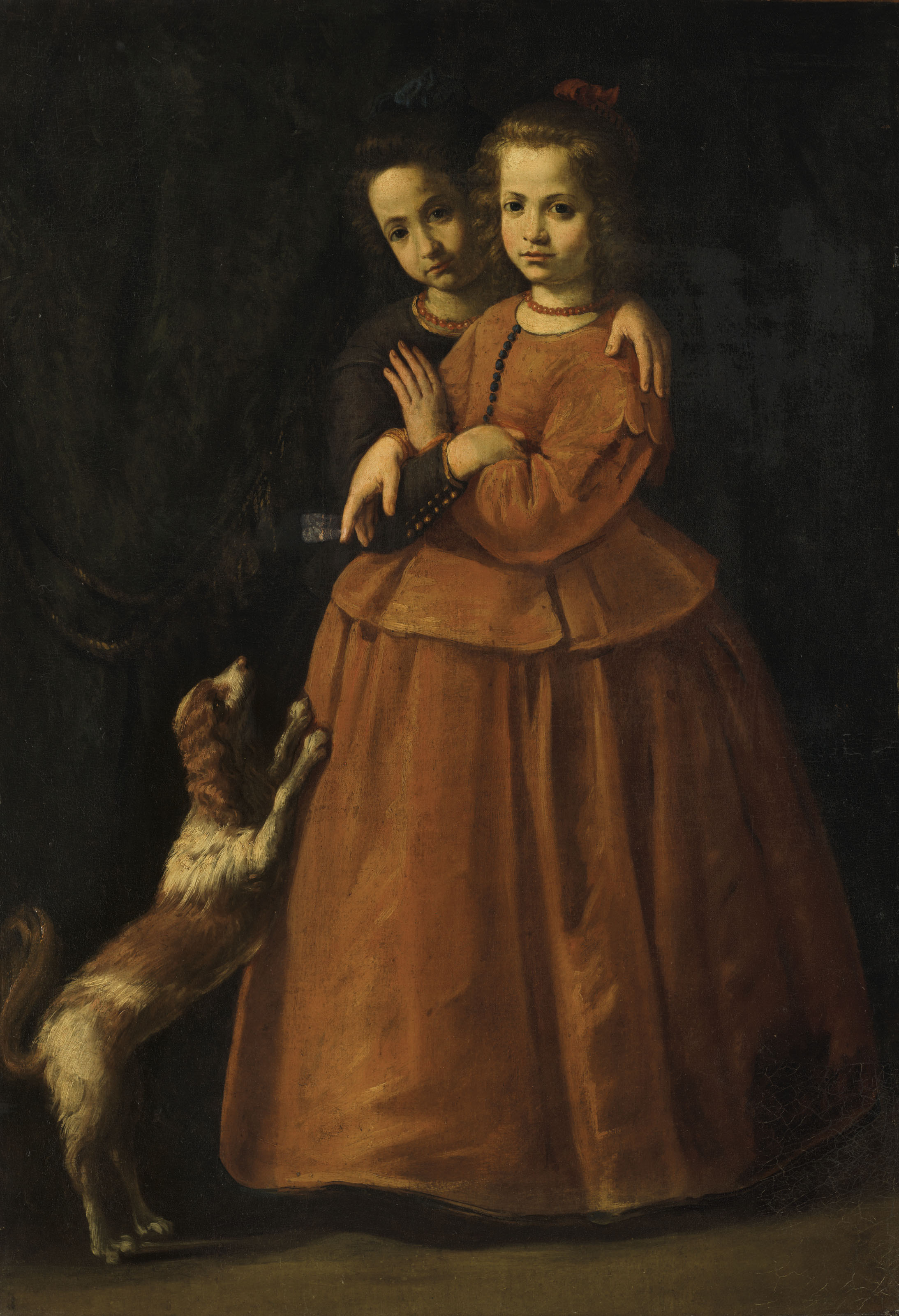 Francisco de Zurbarán — Портрет двух девушек, традиционно считающихся дочерьми Хуана де лас Роэласа (1558/60-1625), в полный рост, со спаниелем