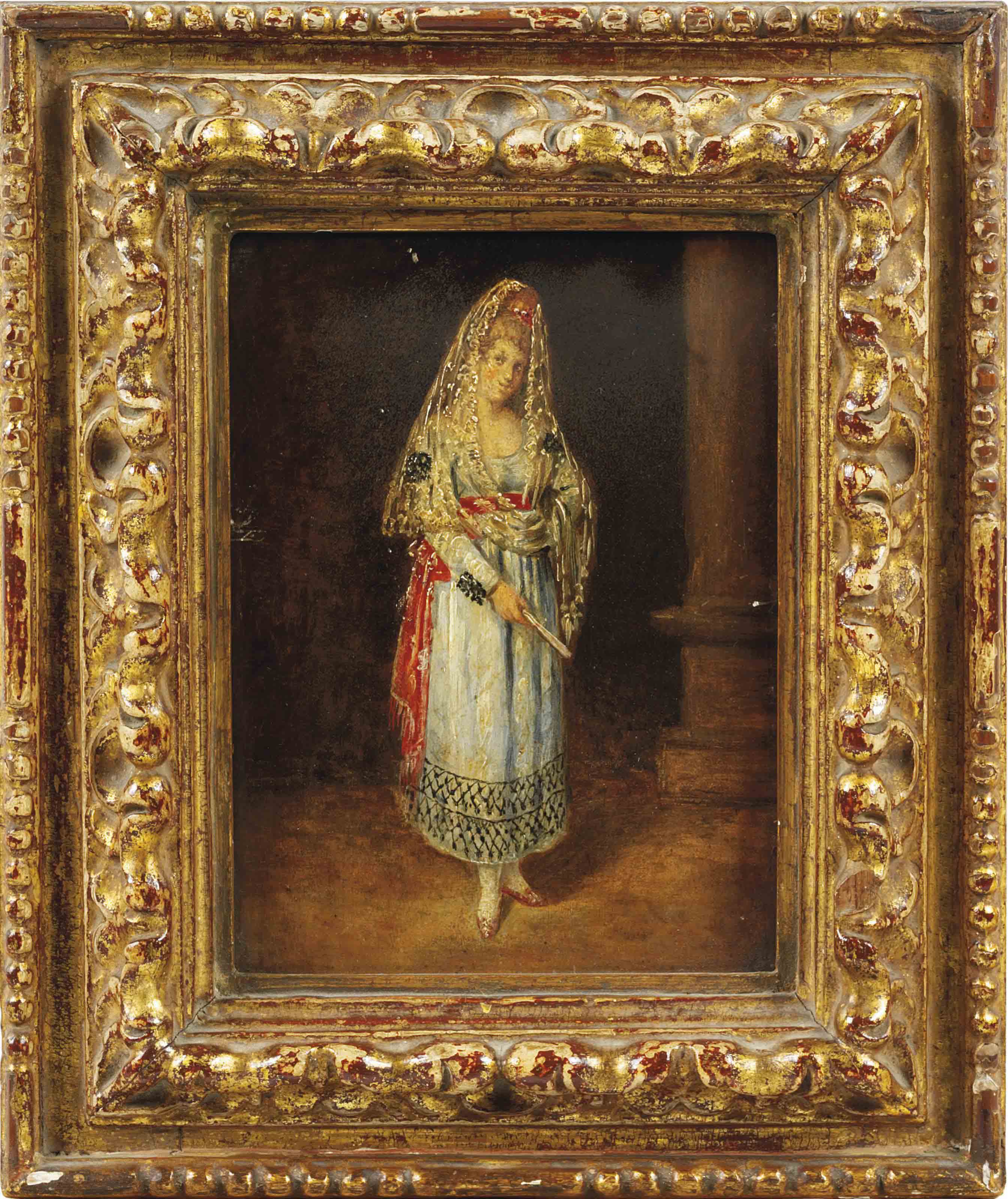 Francisco Goya — Портрет дамы в полный рост, в шелковой мантилье с пейнетой, с веером в руках, стоящей у колонны.