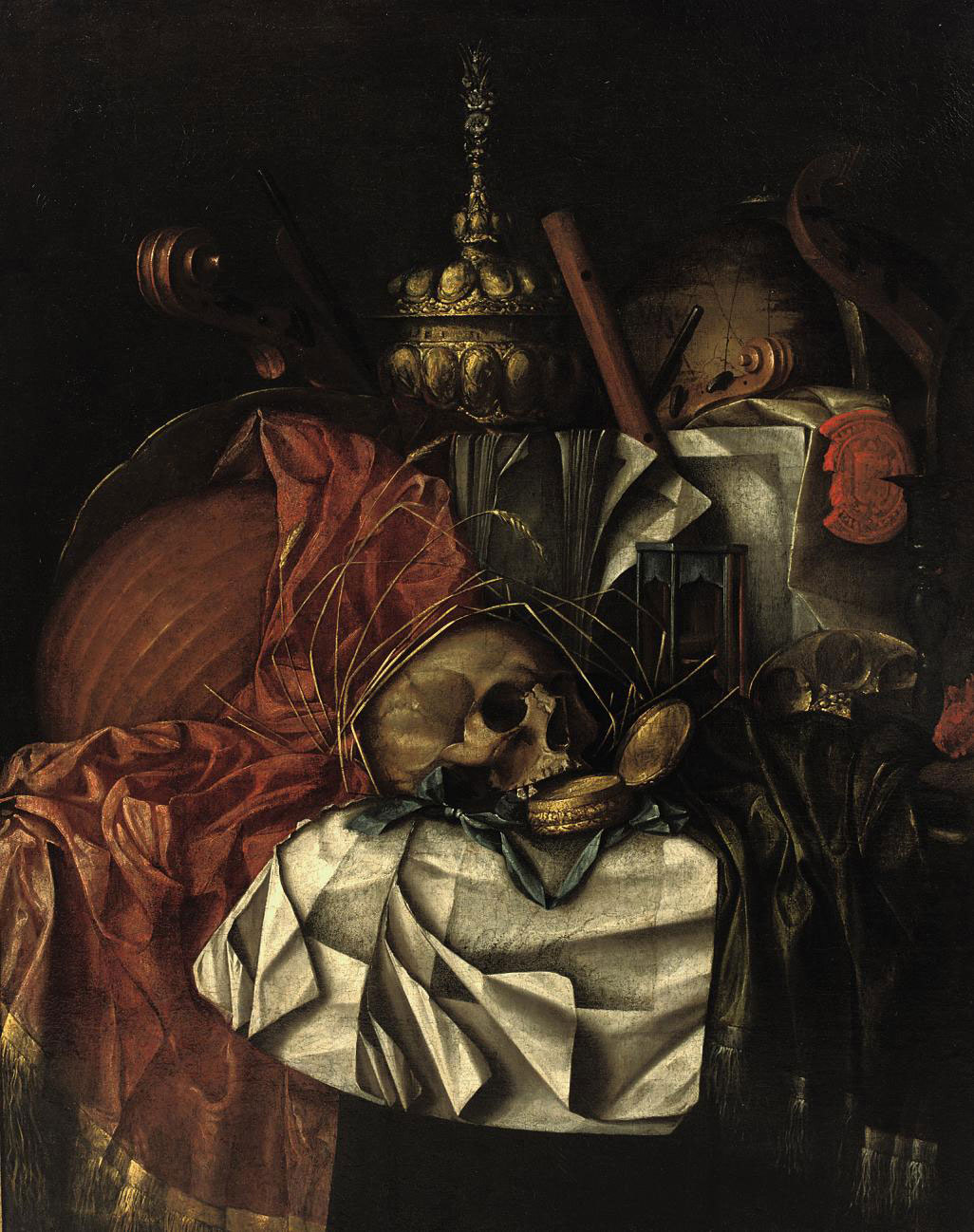 Franciscus Gysbrechts — Череп, золотые карманные часы, песочные часы, глобус, музыкальные инструменты, золотая "тазза" и открытая книга на частично задрапированном столе: "Ванитас"
