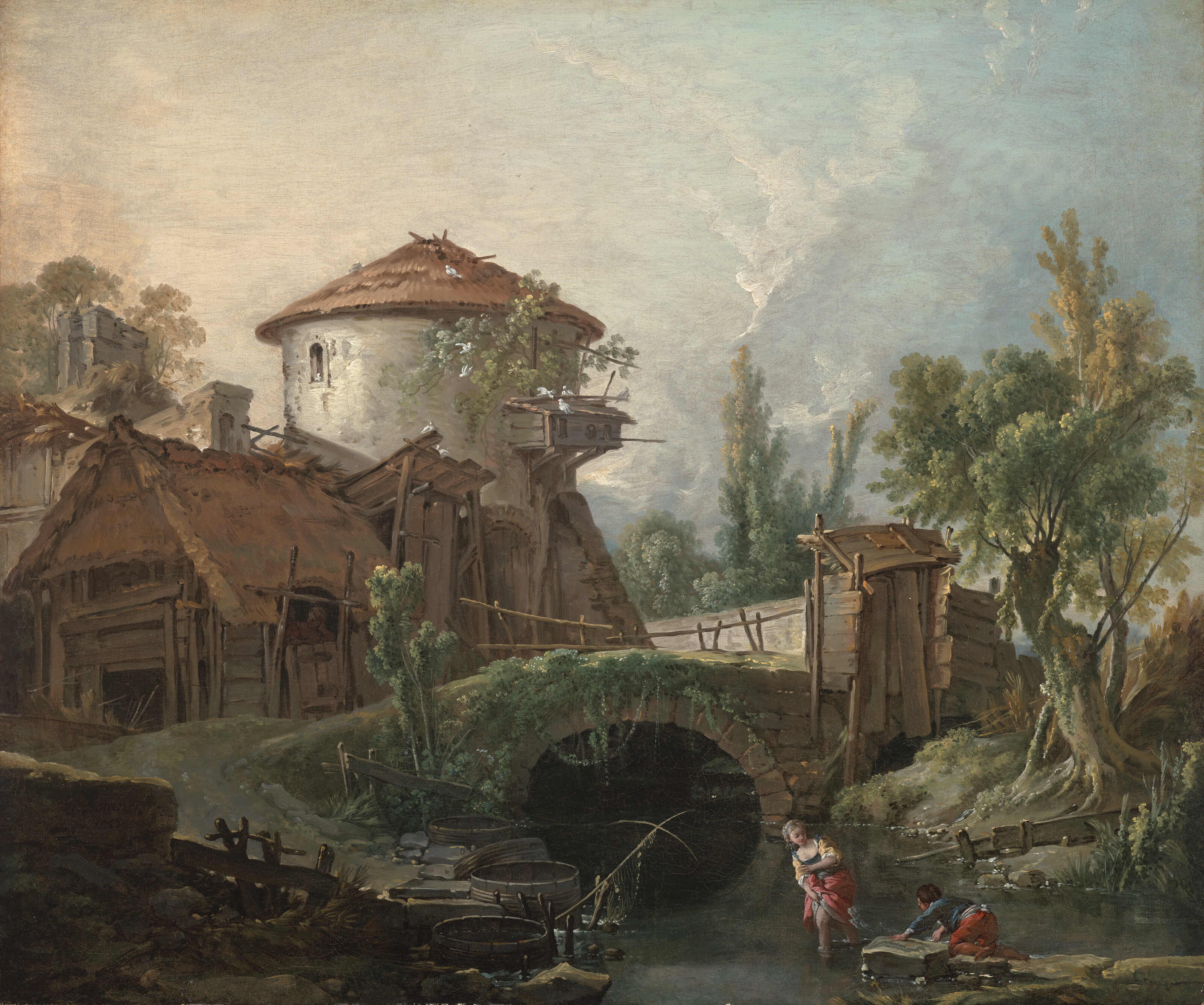François Boucher — Женщина и мальчик переходят ручей под голубятней