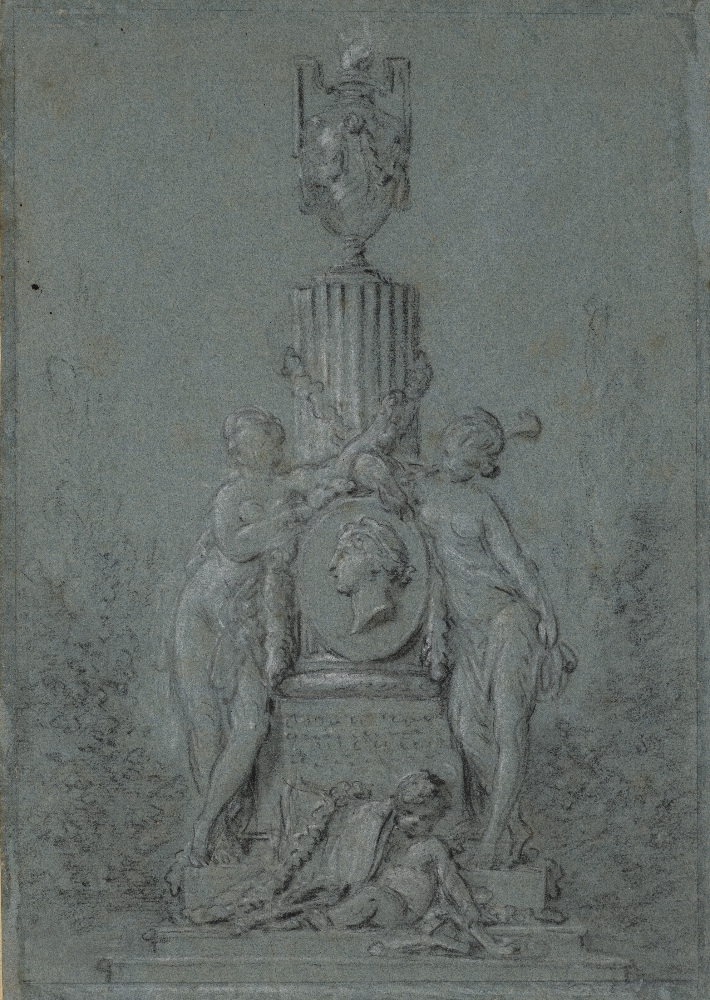 François Boucher — Памятник в честь Доротеи Сандов, портрет в профиль в медальоне на вершине одной колонны и одной могилы