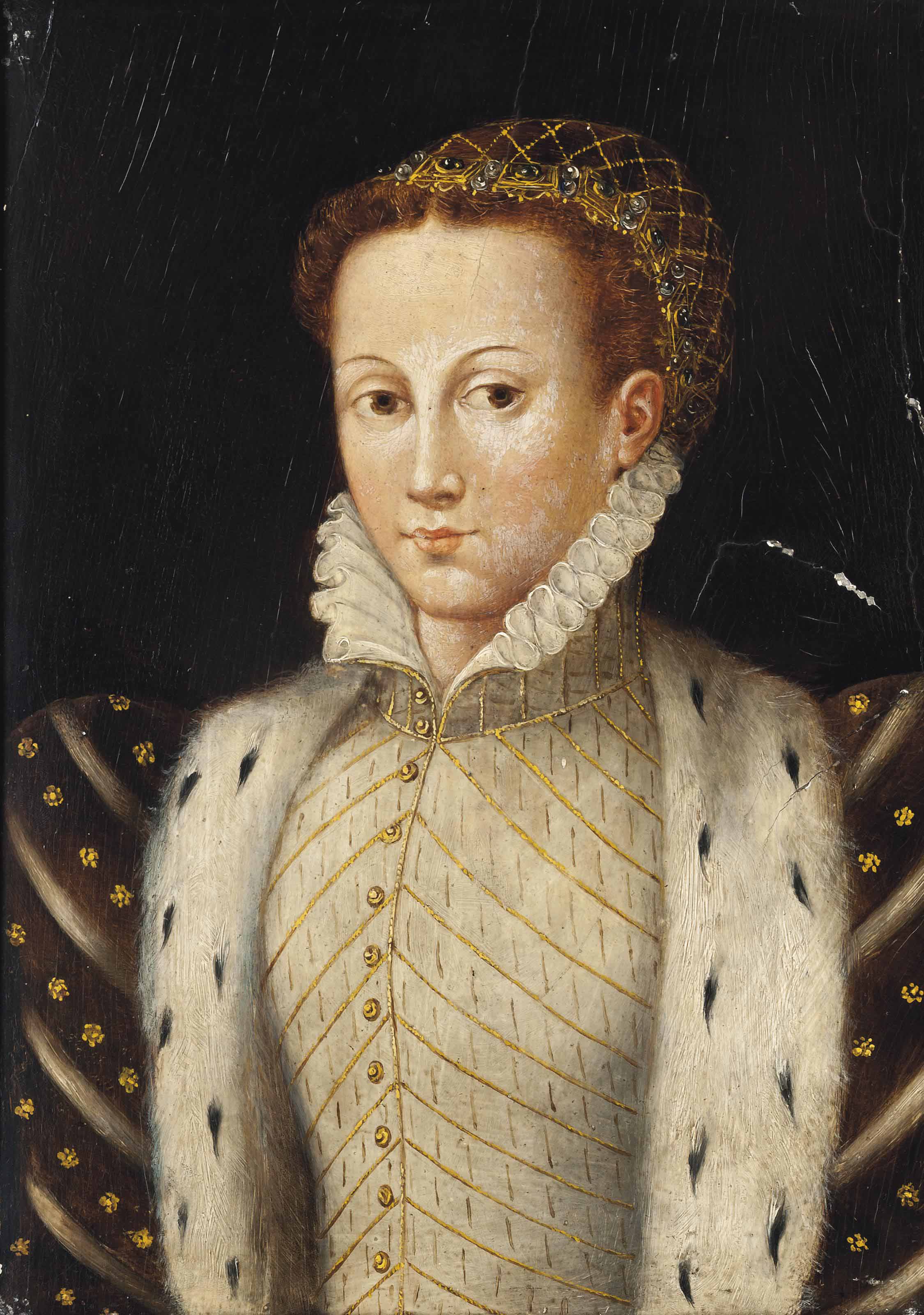 François Clouet — Портрет дамы, которую традиционно называют Елизаветой Валуа (1545-1568), длиной до груди, в белом платье, расшитом золотом, и пальто, подбитом горностаем
