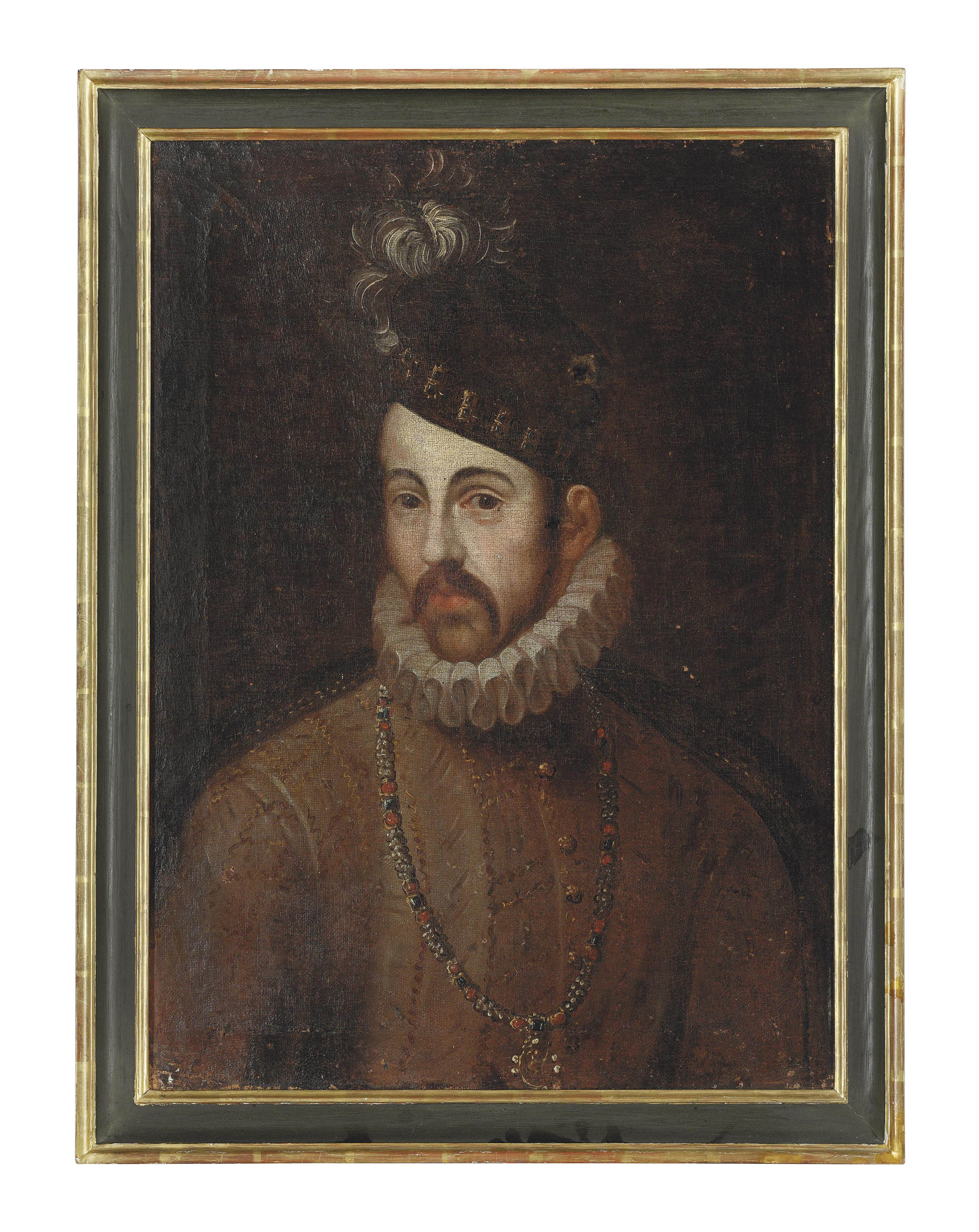 François Clouet — Портрет короля Франции Карла IX (1550-1574), длиной до груди, в расшитом камзоле с оборками, украшенной драгоценными камнями цепочке и шляпе с перьями