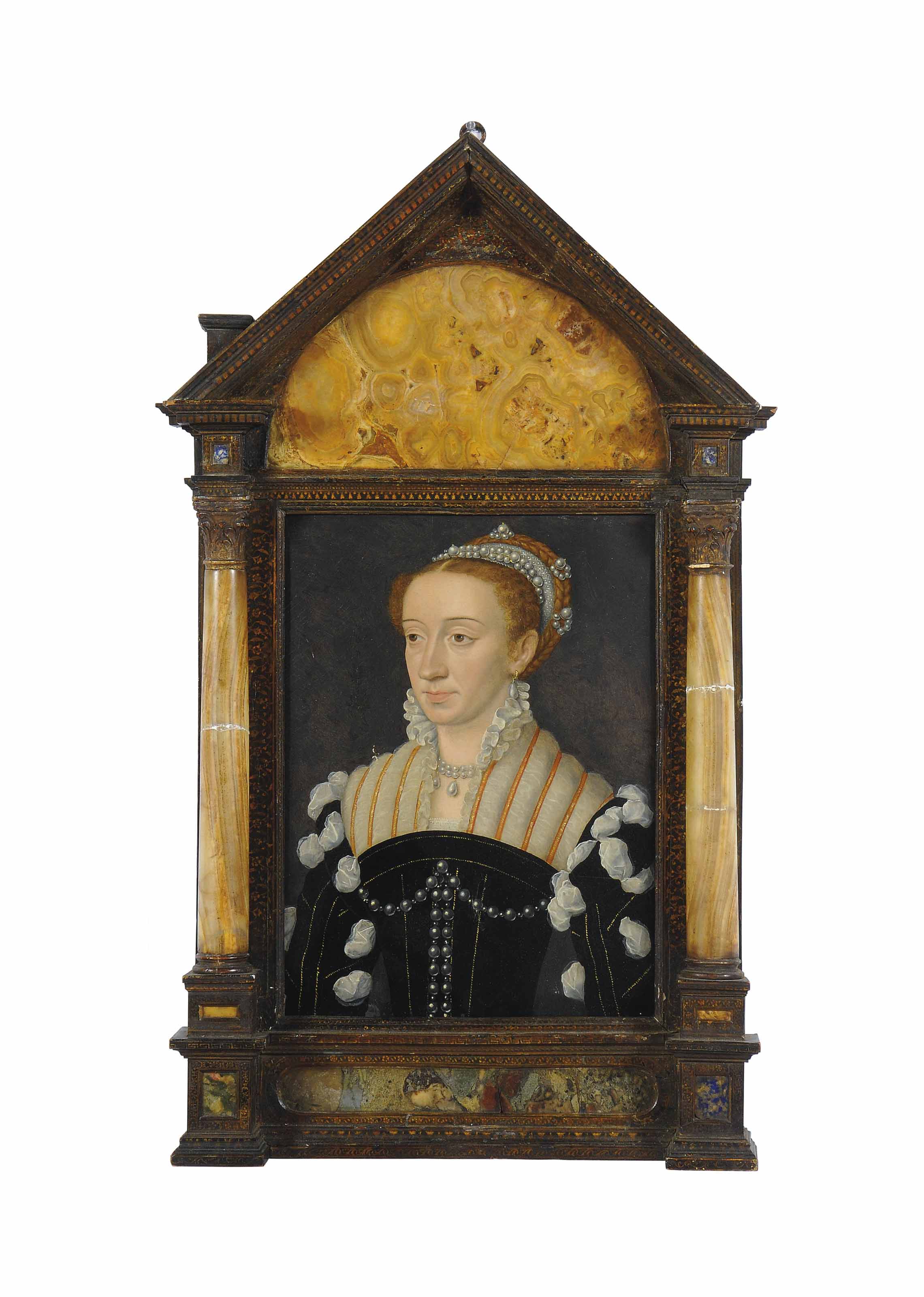 François Clouet — Портрет Маргариты Французской (1723-1574), герцогини Беррийской, позже Савойской, в черном платье, расшитом золотом и драгоценными камнями, с разрезами на рукавах, открывающими белую нижнюю рубашку.