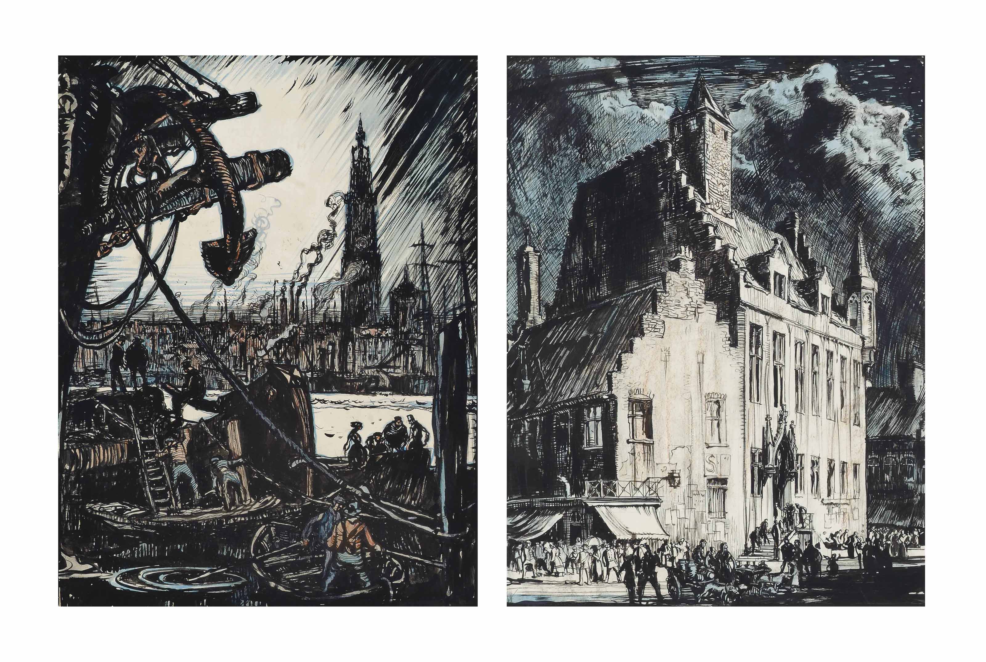 Frank Brangwyn — По ту сторону Шельды, Антверпен (иллюстрированный); и Дворец архивов, Малин