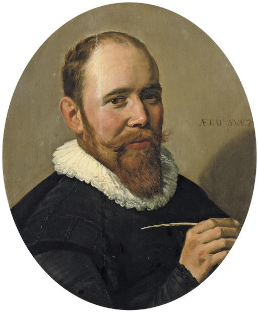 Frans Hals — Портрет джентльмена, предположительно Виллема Вармондта (1583-1649), во весь рост, в черном костюме с белым воротничком, с пером в правой руке.