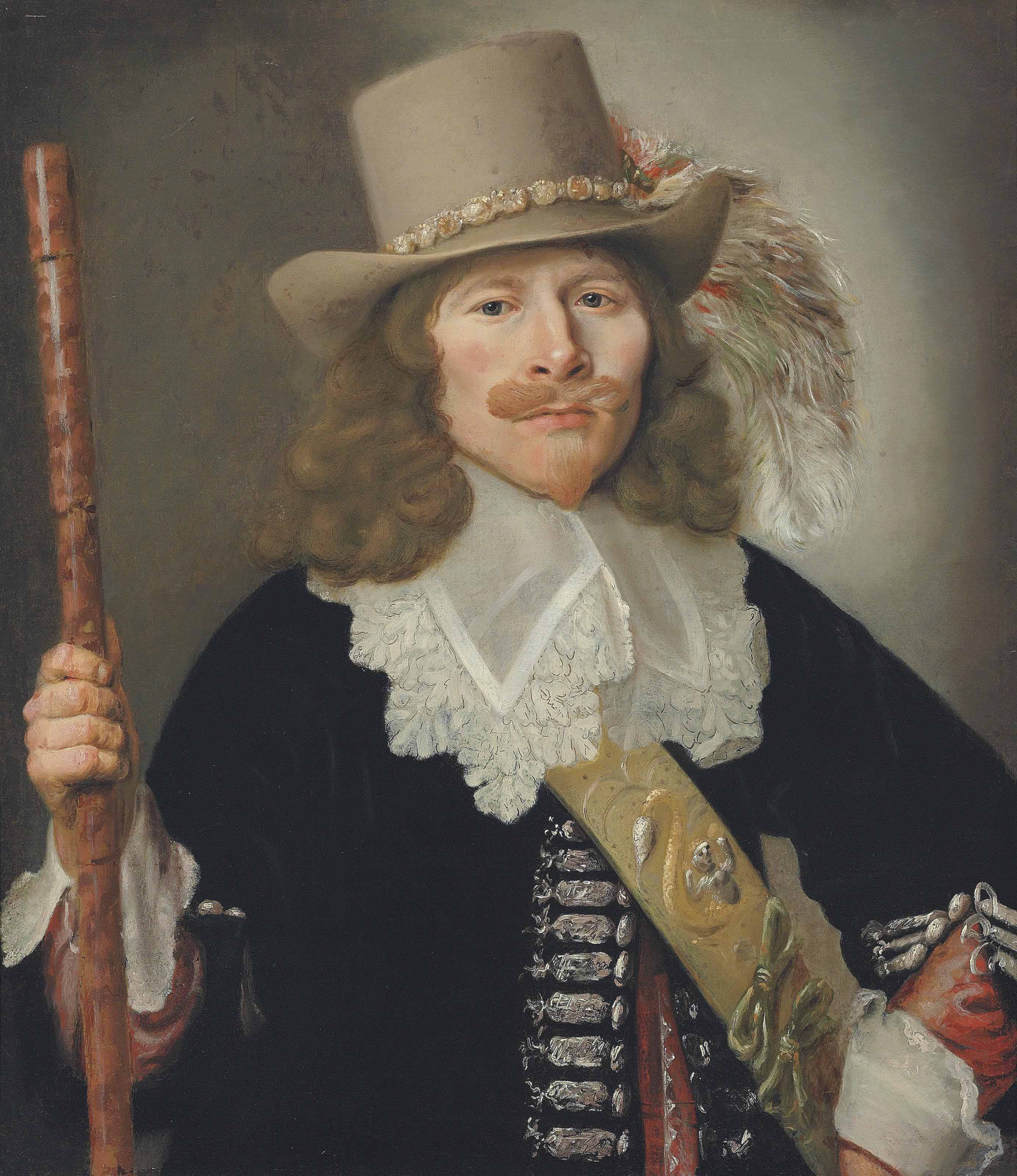 Frans Hals — Портрет мужчины в полный рост, в черном платье с вышитой отделкой, с поясом, кружевным воротником и шляпе с пером, держащего посох